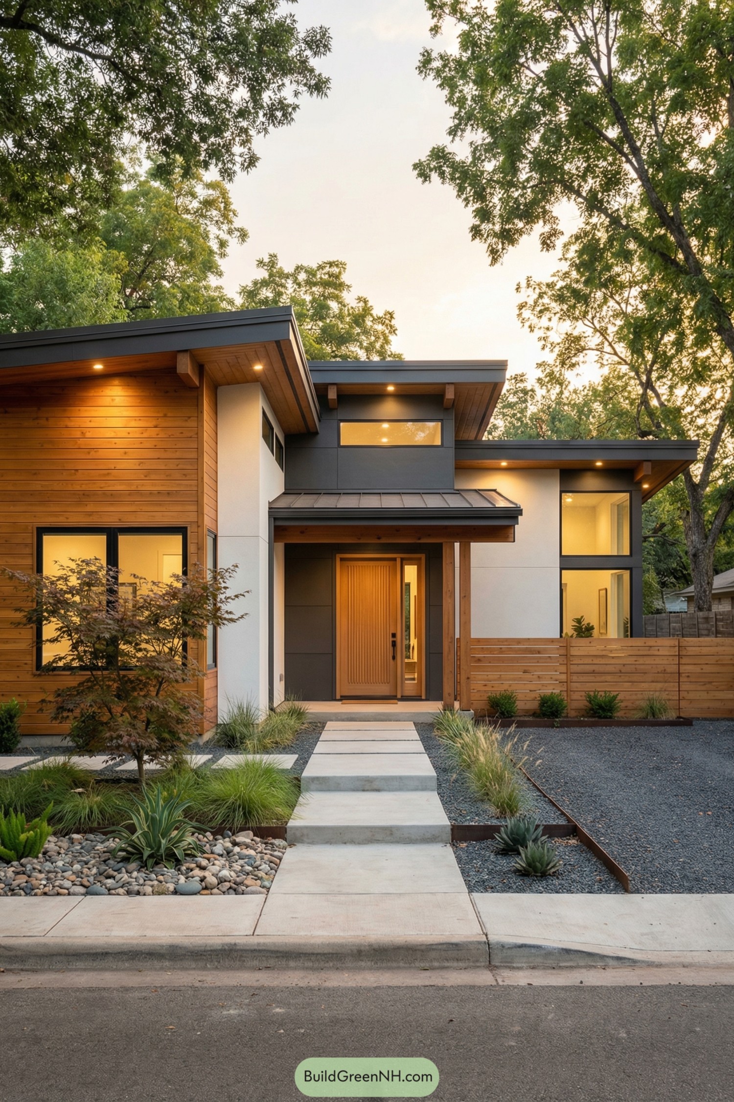 Modern ranch house with wood and stucco facade and minimalist landscaping
