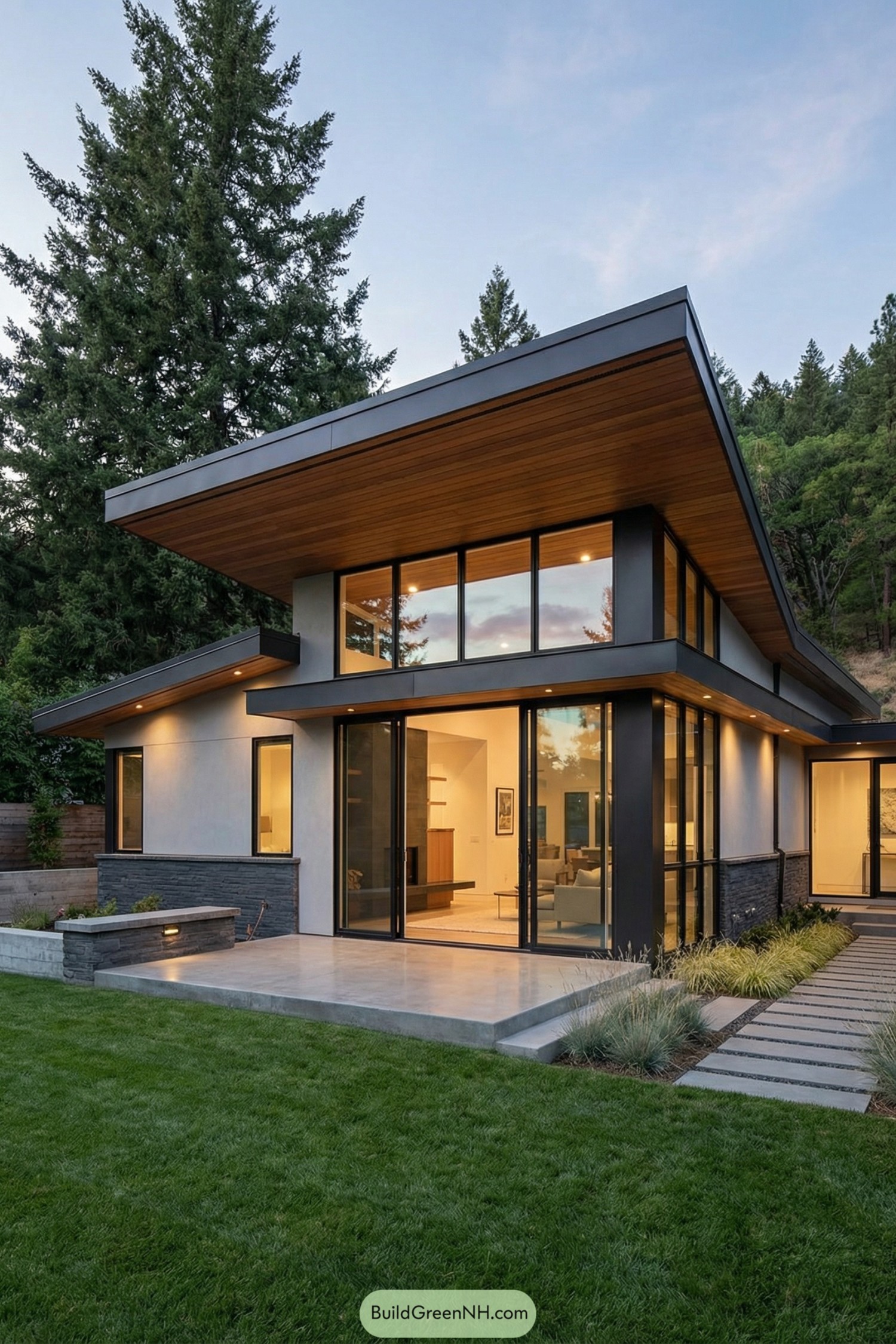 Modern ranch home with sloped roof and glass walls