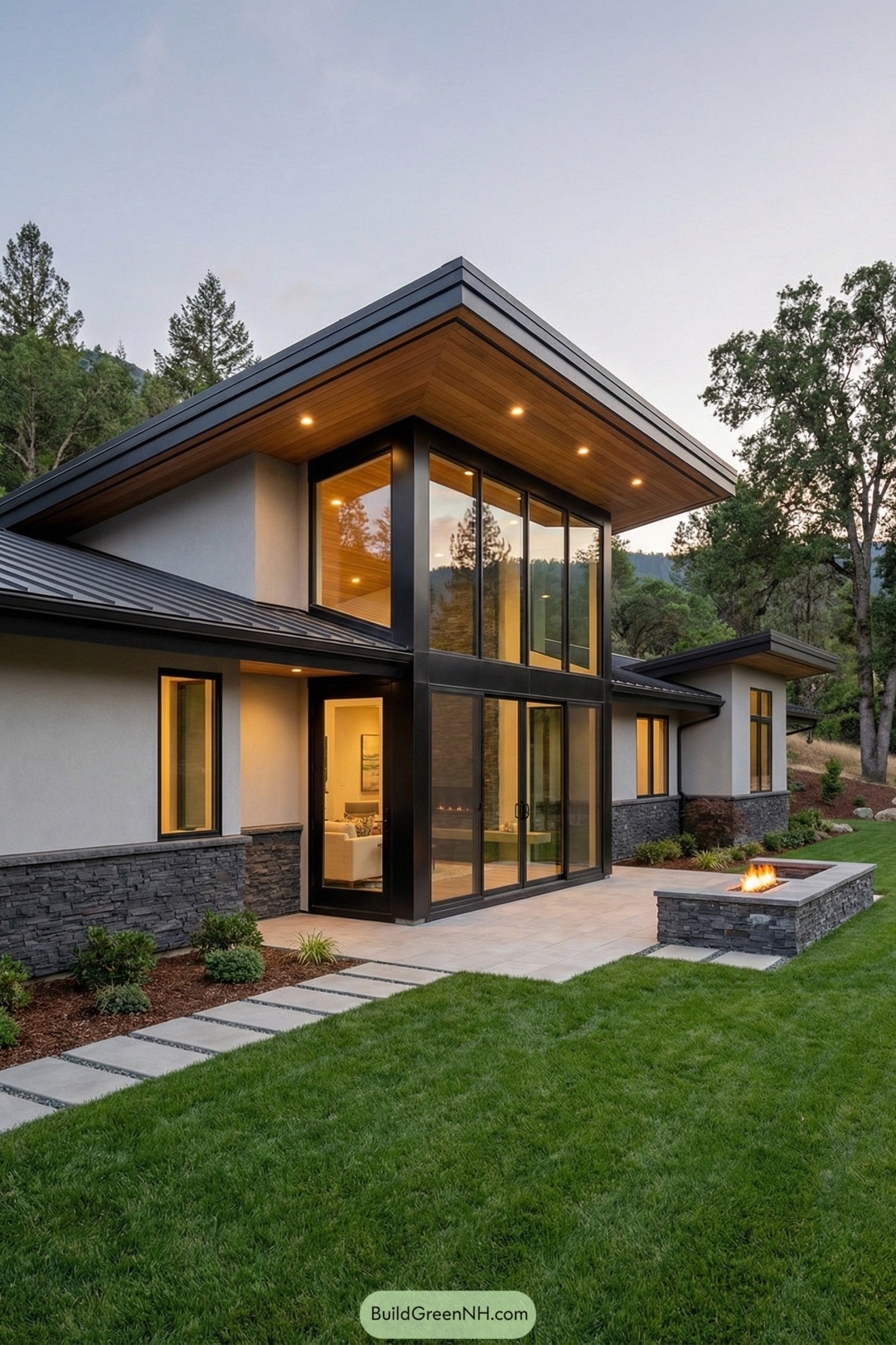 Contemporary ranch home with tall glass facade