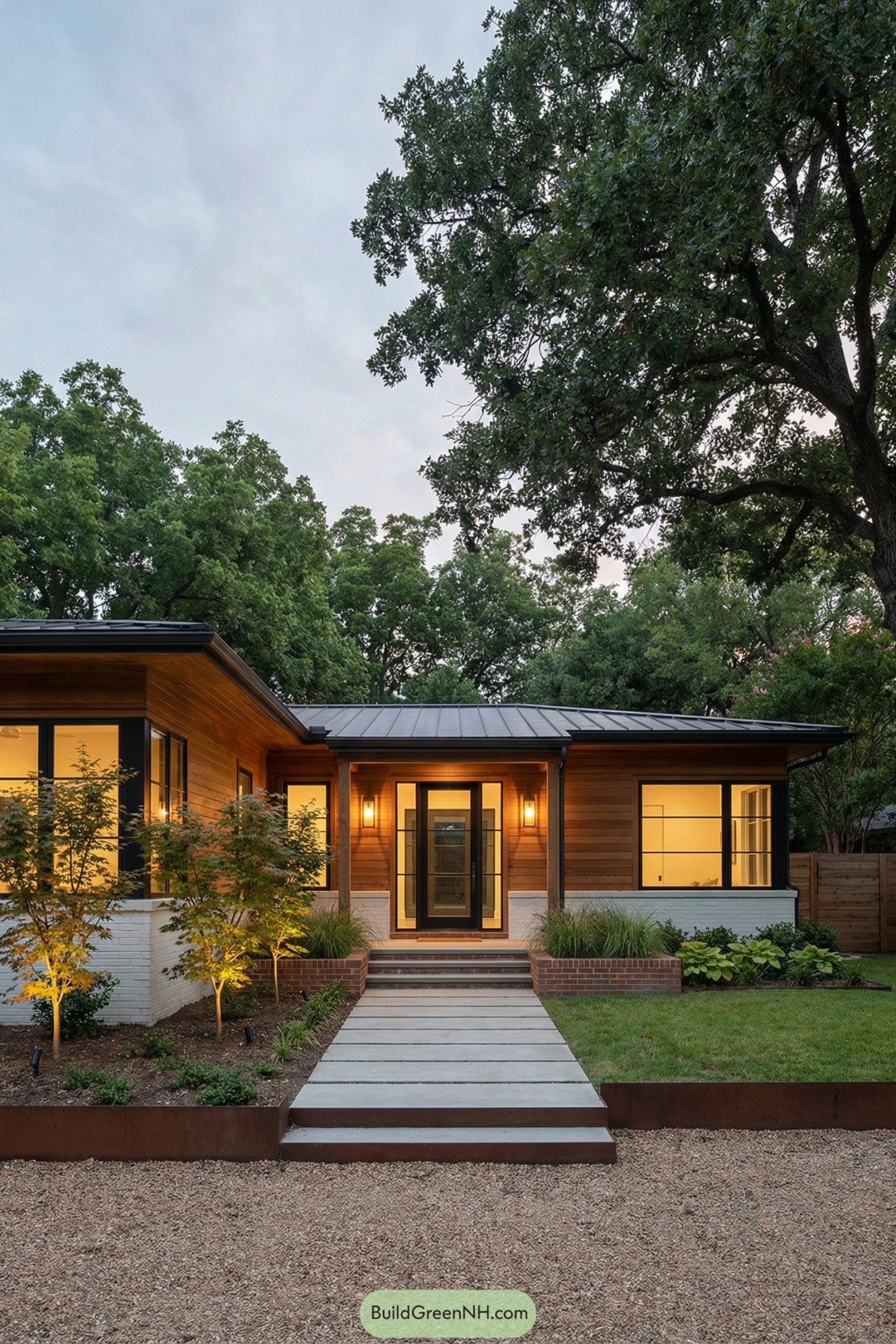Modern ranch house with warm wood siding, large windows, and a lit front entry at dusk