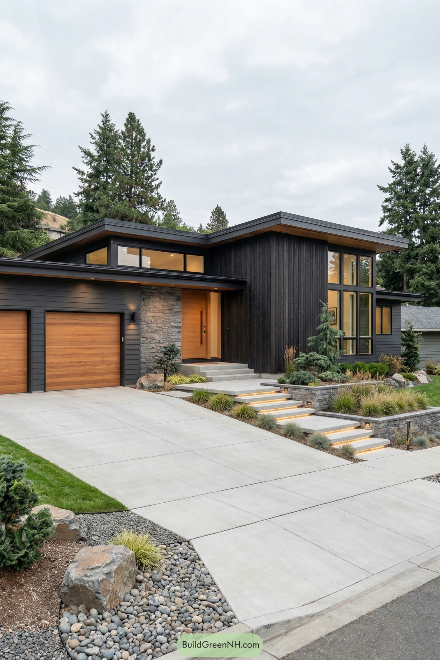 Modern black wood ranch house with warm wood doors stone accents and tiered front steps