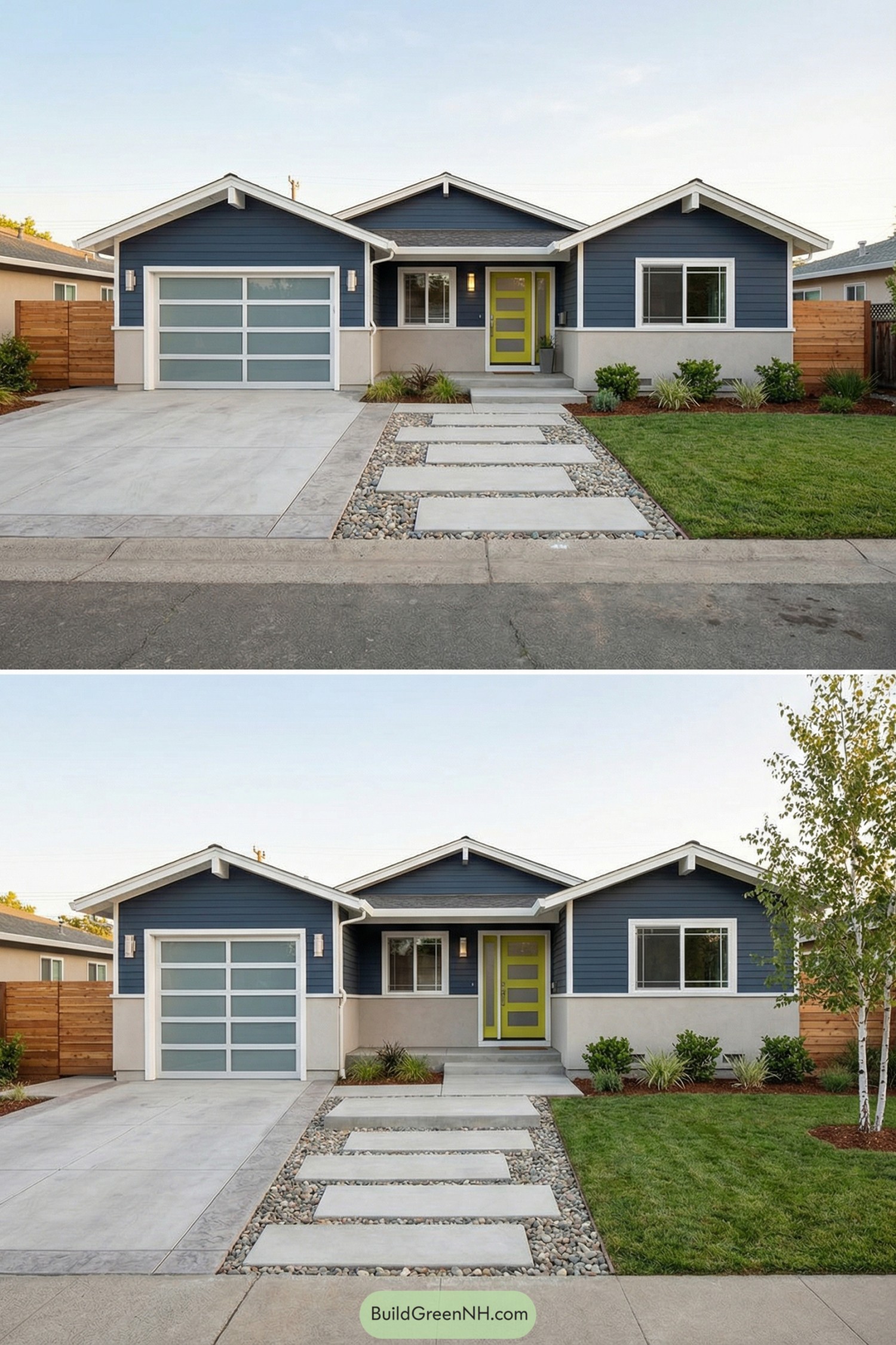 Modern blue ranch house with lime door