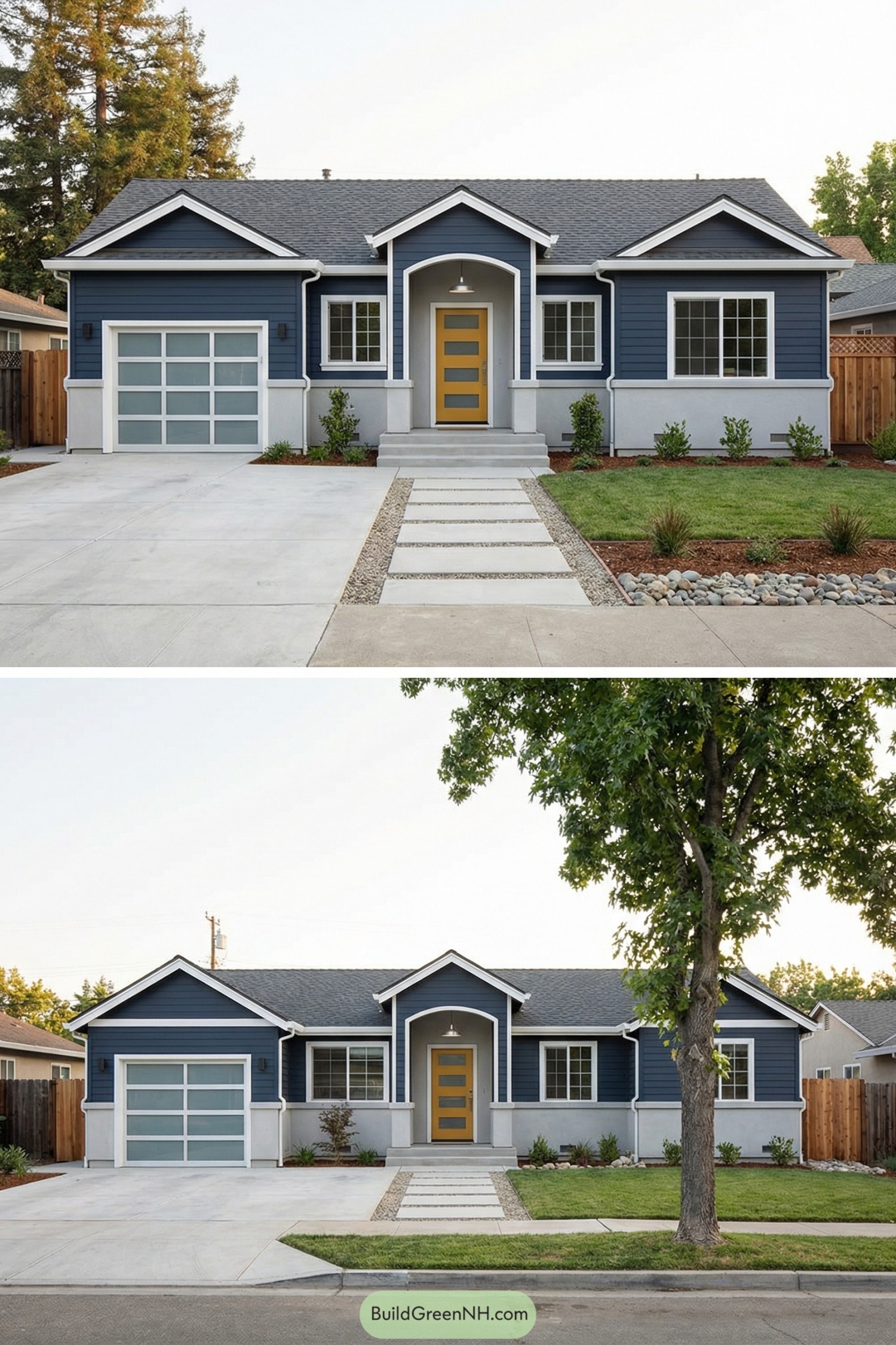 Modern navy blue ranch house with yellow door and clean concrete walk