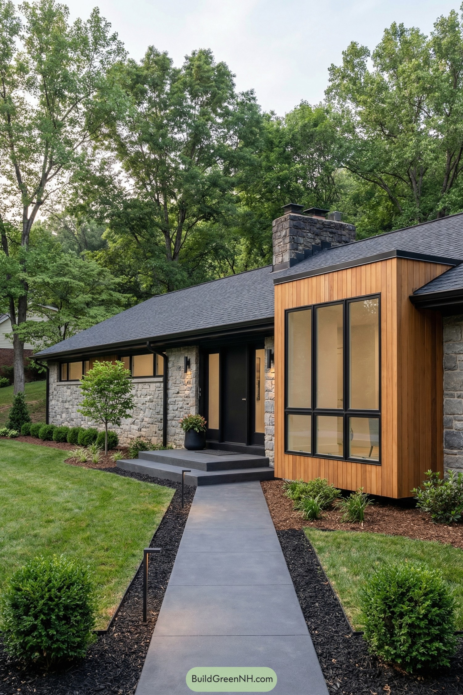 high-res photo of Ranch house modern Remodel, facade: single-story ranch with elongated horizontal massing, asymmetrical front, original gray fieldstone cladding retained, bold contemporary cube bay addition projecting forward with warm cedar cladding framing a full-height window, minimalist black trim and gutters; materials: natural gray stone veneer, vertical cedar siding on the cube, matte black metal accents, charcoal concrete steps, dark exposed chimney stone; colors: cool gray stone, natural cedar brown, charcoal roof, black window and door frames; shape of the structure: long rectangular plan with low profile, centered stone chimney, right and left wings tapering, crisp eaves; roofing: low-pitch gable roof, dark charcoal architectural shingles, clean fascia, no overhang clutter; windows style: mixed sizes with black aluminum frames, slim mullions, large floor-to-ceiling pane in the cube bay, horizontal ribbon windows elsewhere; door style: flush modern entry in black with narrow sidelights, simple hardware; outdoor area: straight concrete walkway bordered by black mulch beds, subtle foundation plantings, minimal exterior lighting; landscaping: manicured lawn, clipped shrubs as punctuation, young ornamental tree near addition, mulch edging against the stone facade; surrounding background: mature deciduous trees creating a wooded backdrop, dappled shade, gentle slope, quiet suburban setting; real-life photo, high-resolution, architectural photography, soft lighting, cinematic composition.