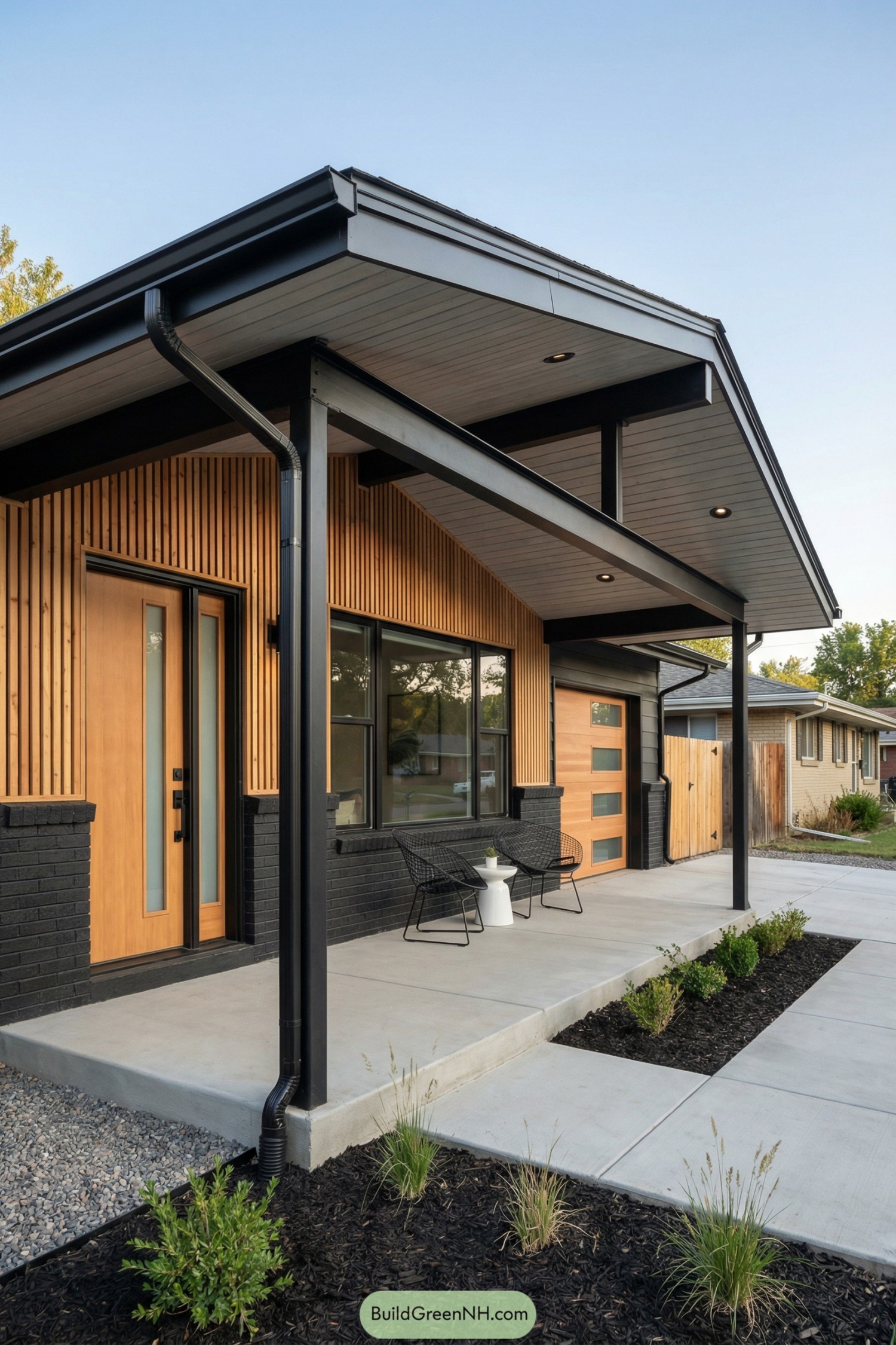 Modern ranch house with black steel porch and wood slat siding
