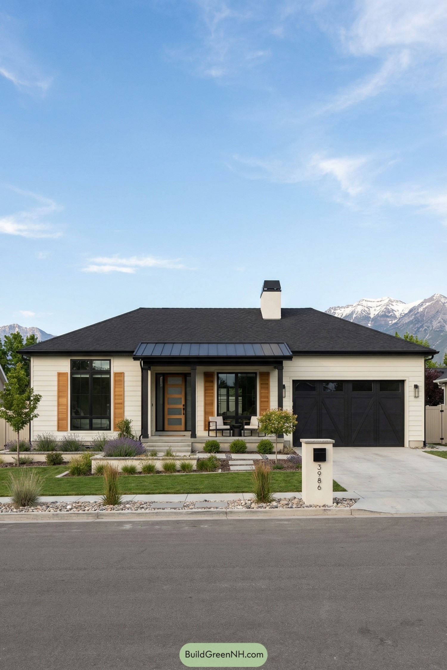 Modern single-story ranch with light siding and black trim