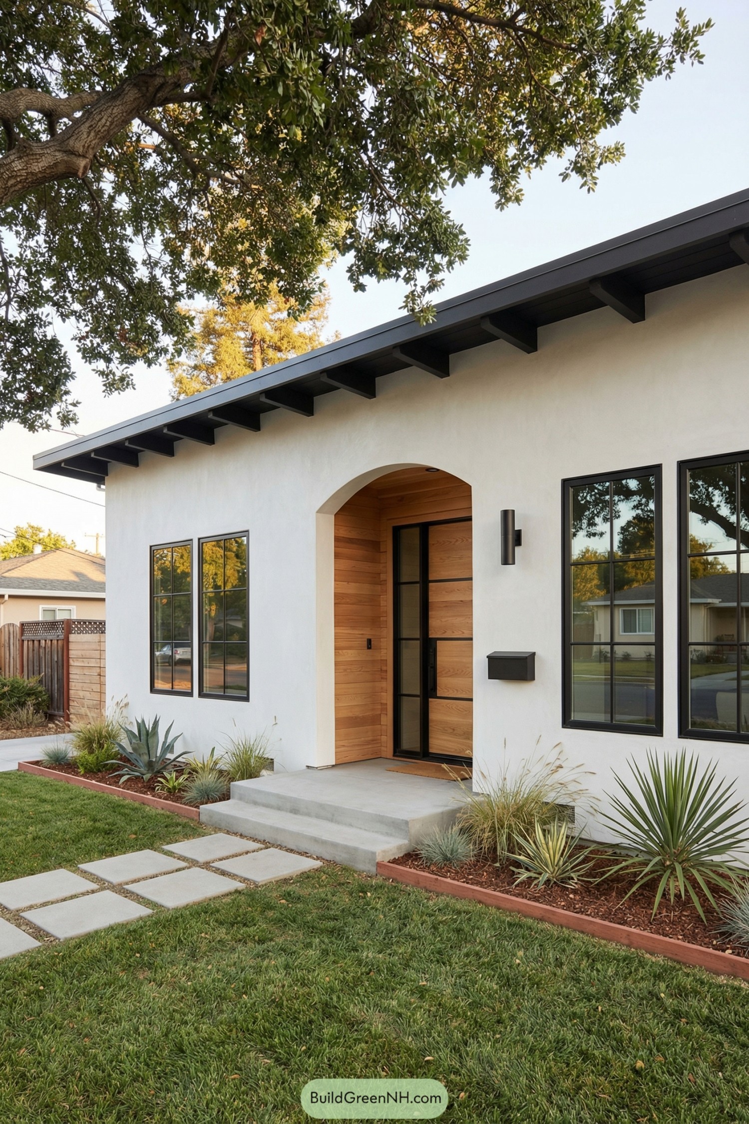 Modern white ranch house with wood-accented arched entry