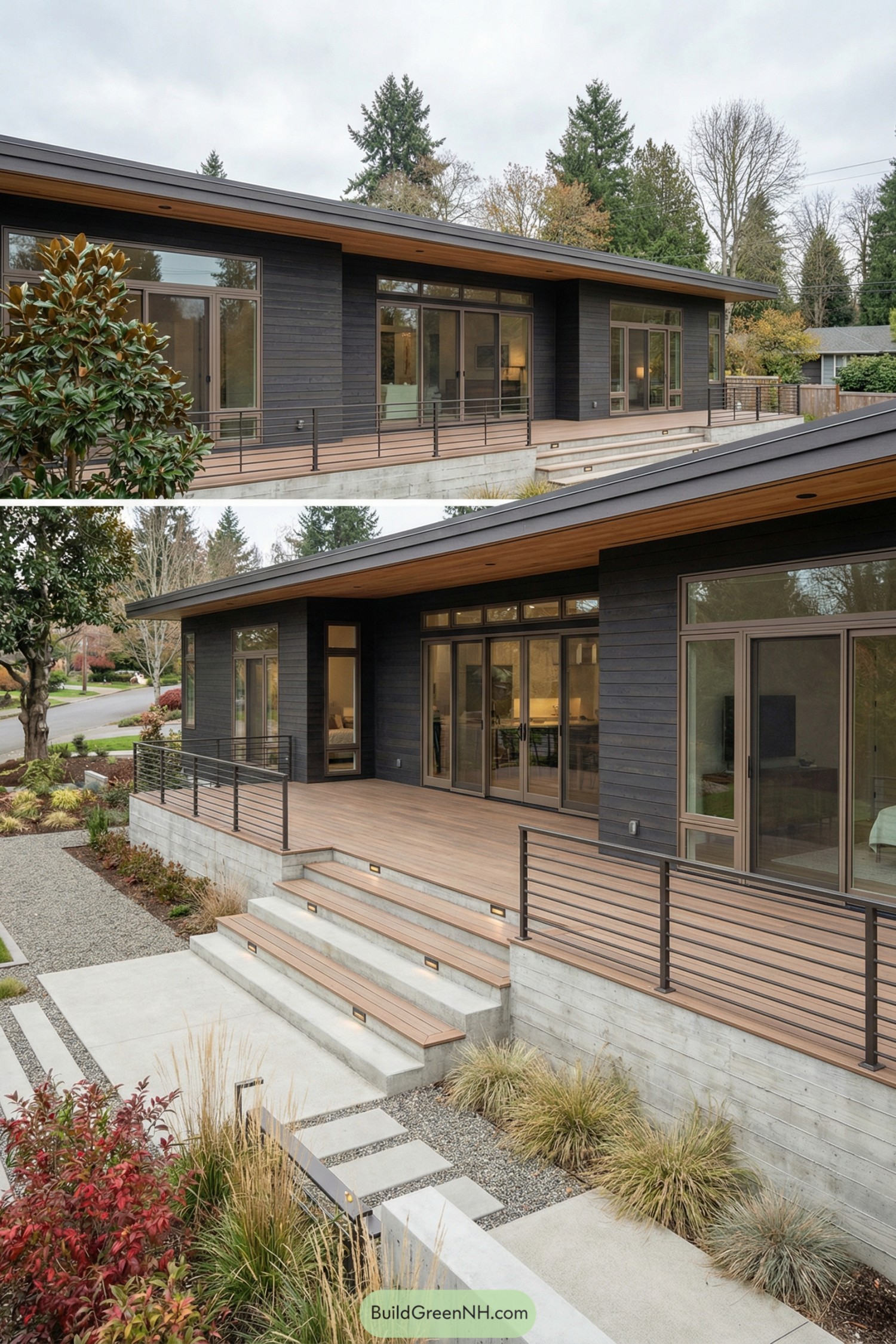 Modern black-clad ranch home with expansive wood deck and concrete terrace steps
