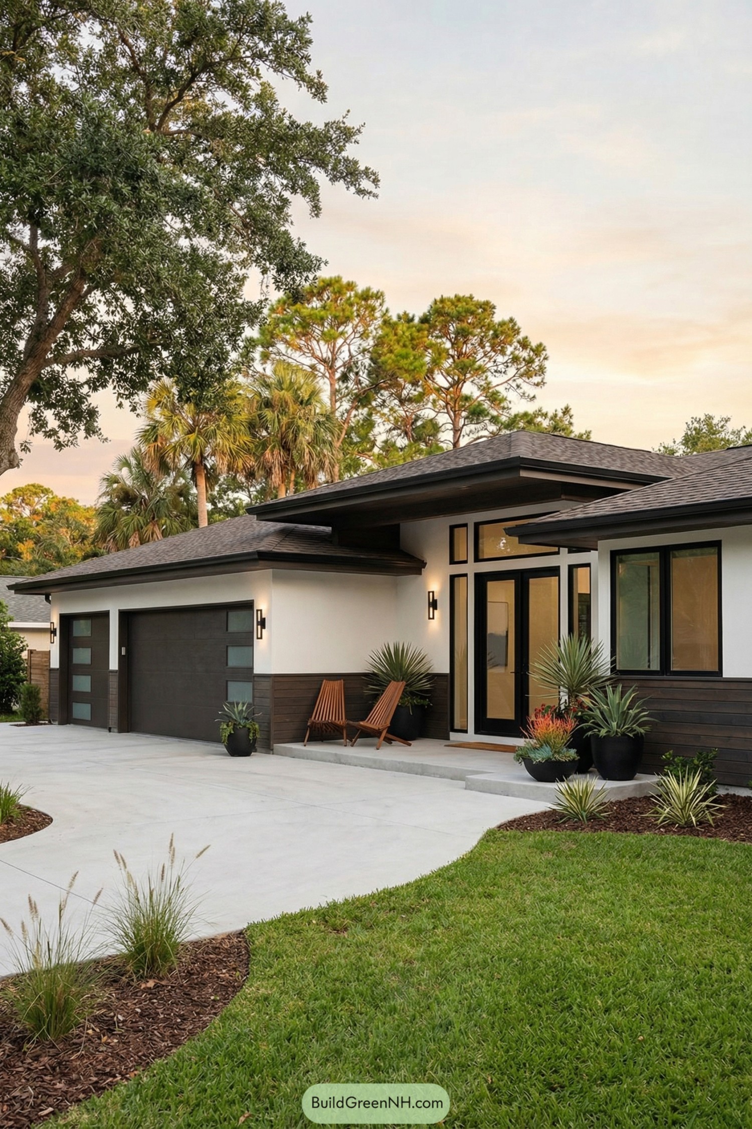 Modern ranch home with low-slung roof and palm landscaping