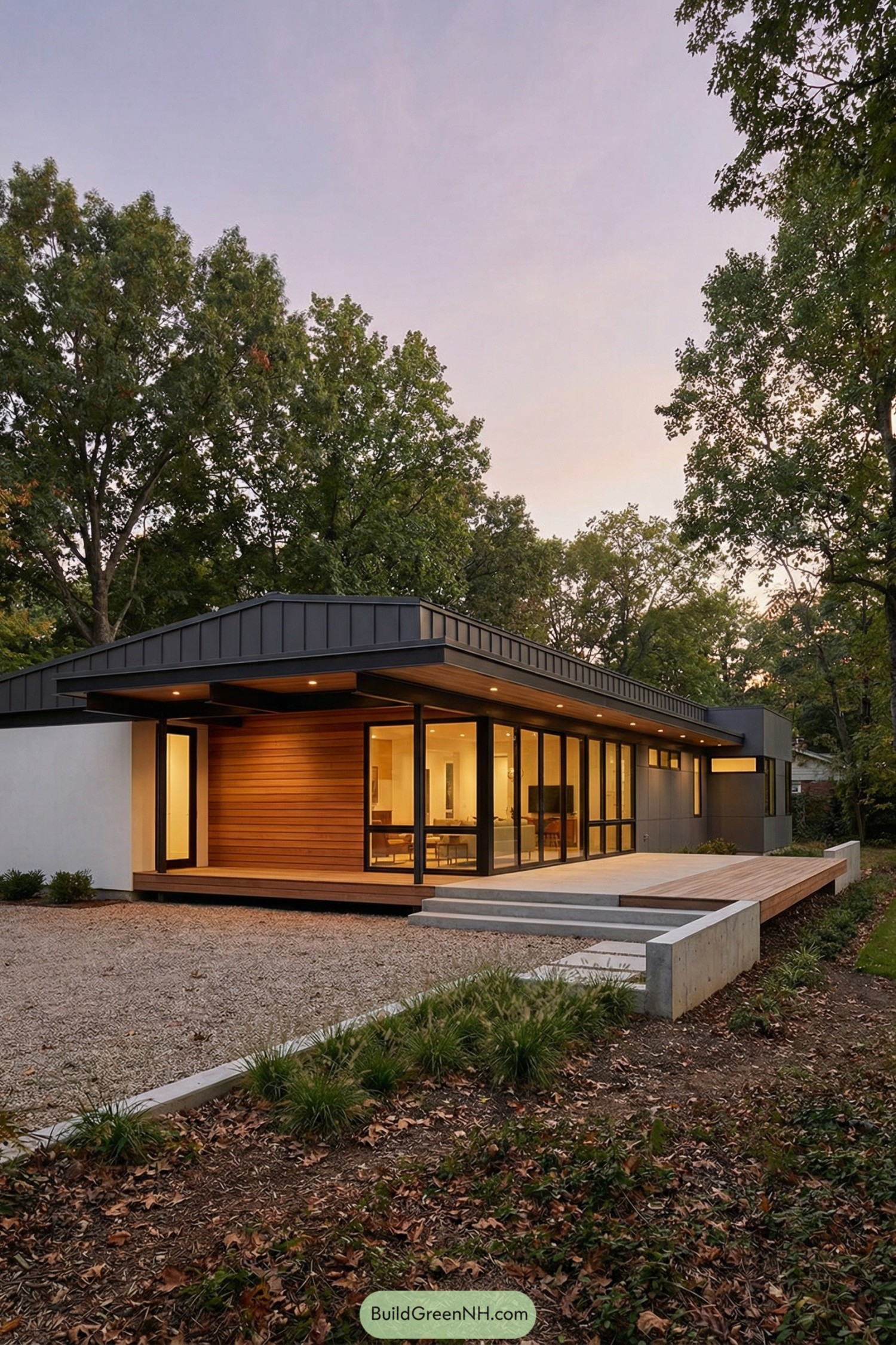 Low modern ranch with wide glass walls and wood siding at dusk
