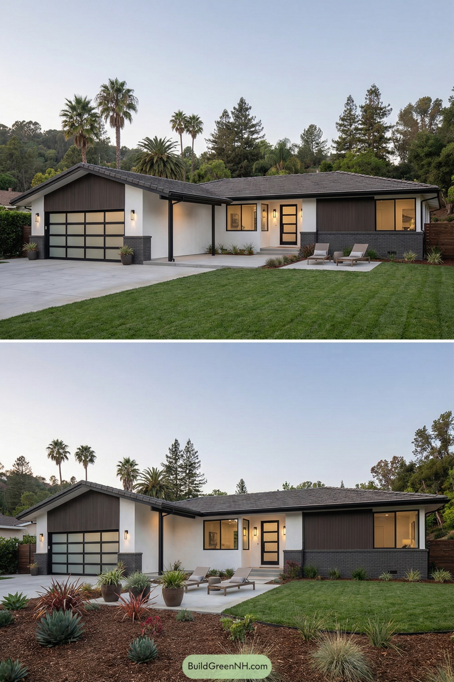 Single-story modern ranch with white stucco walls, dark trim, and a landscaped front yard