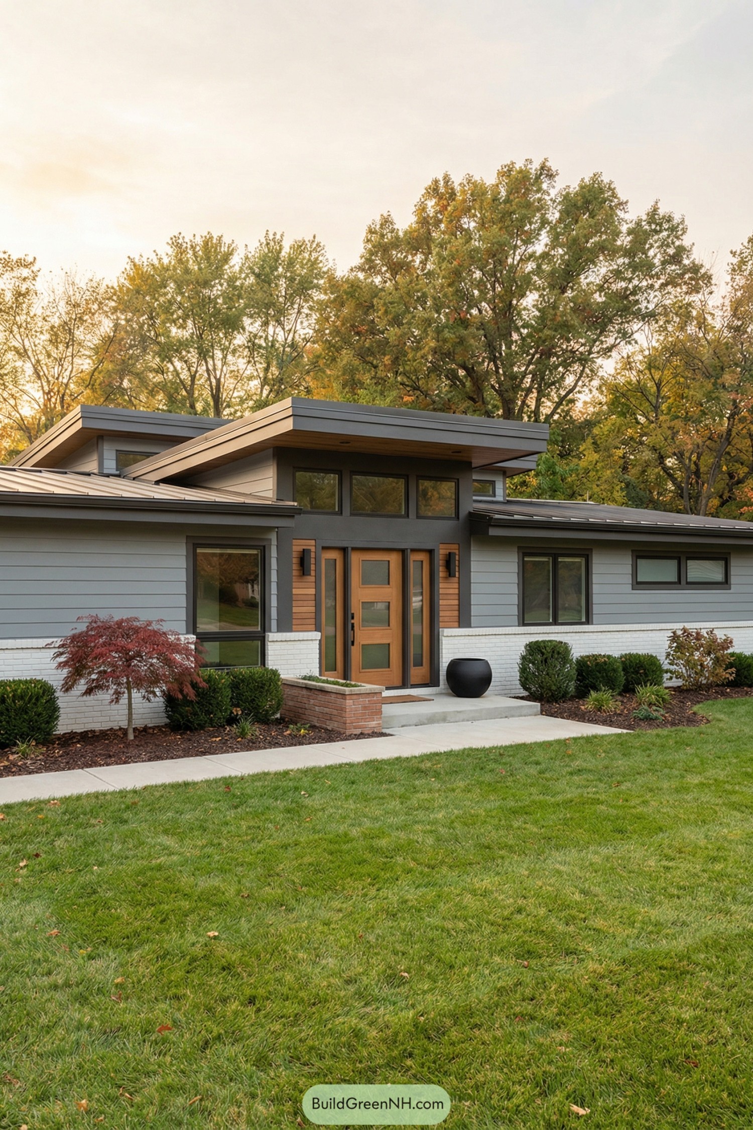 Modern ranch house with layered flat roofs and warm wood entry door