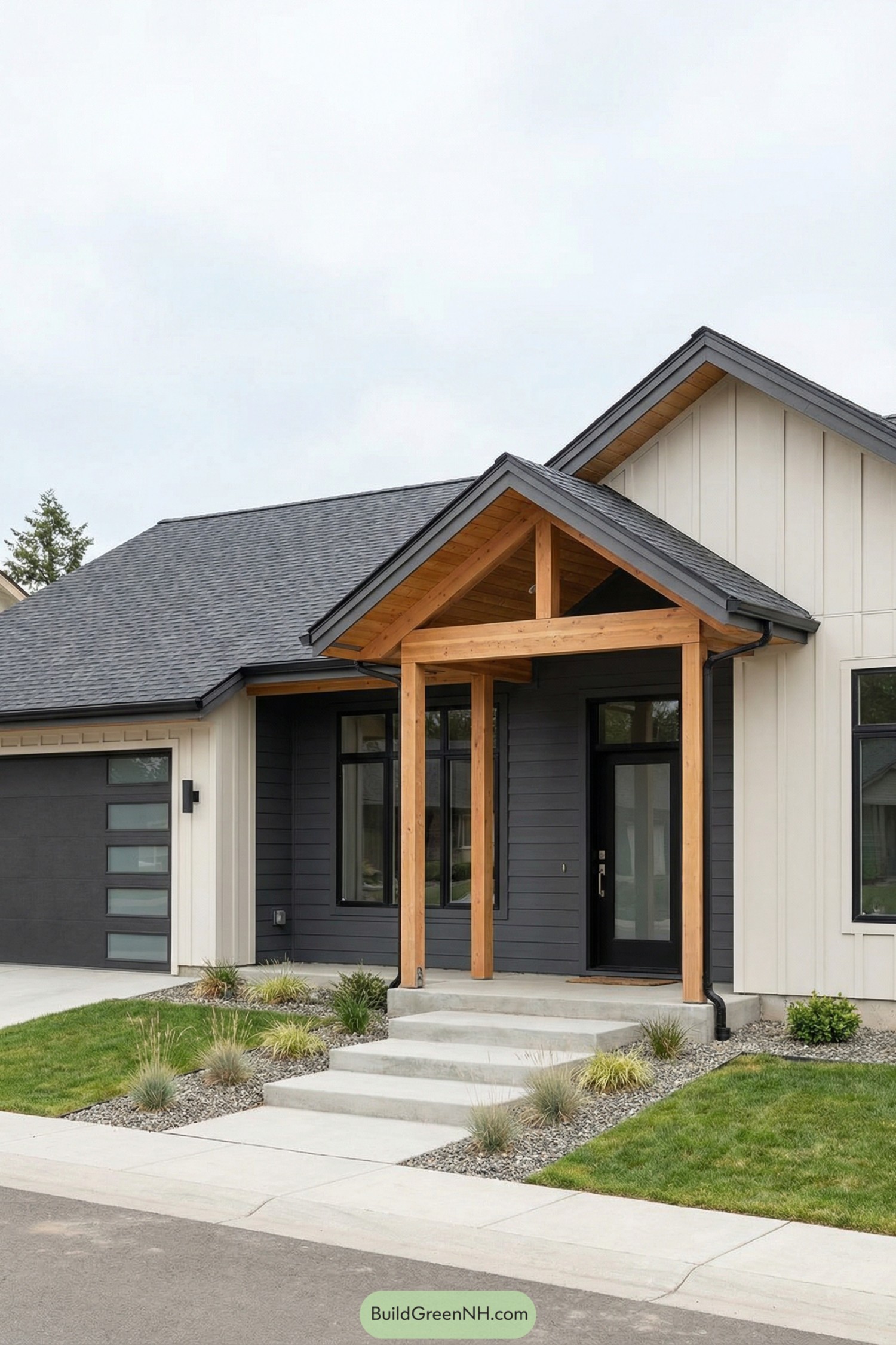 Modern ranch house with black and white siding, warm wood porch structure, and minimalist landscaping
