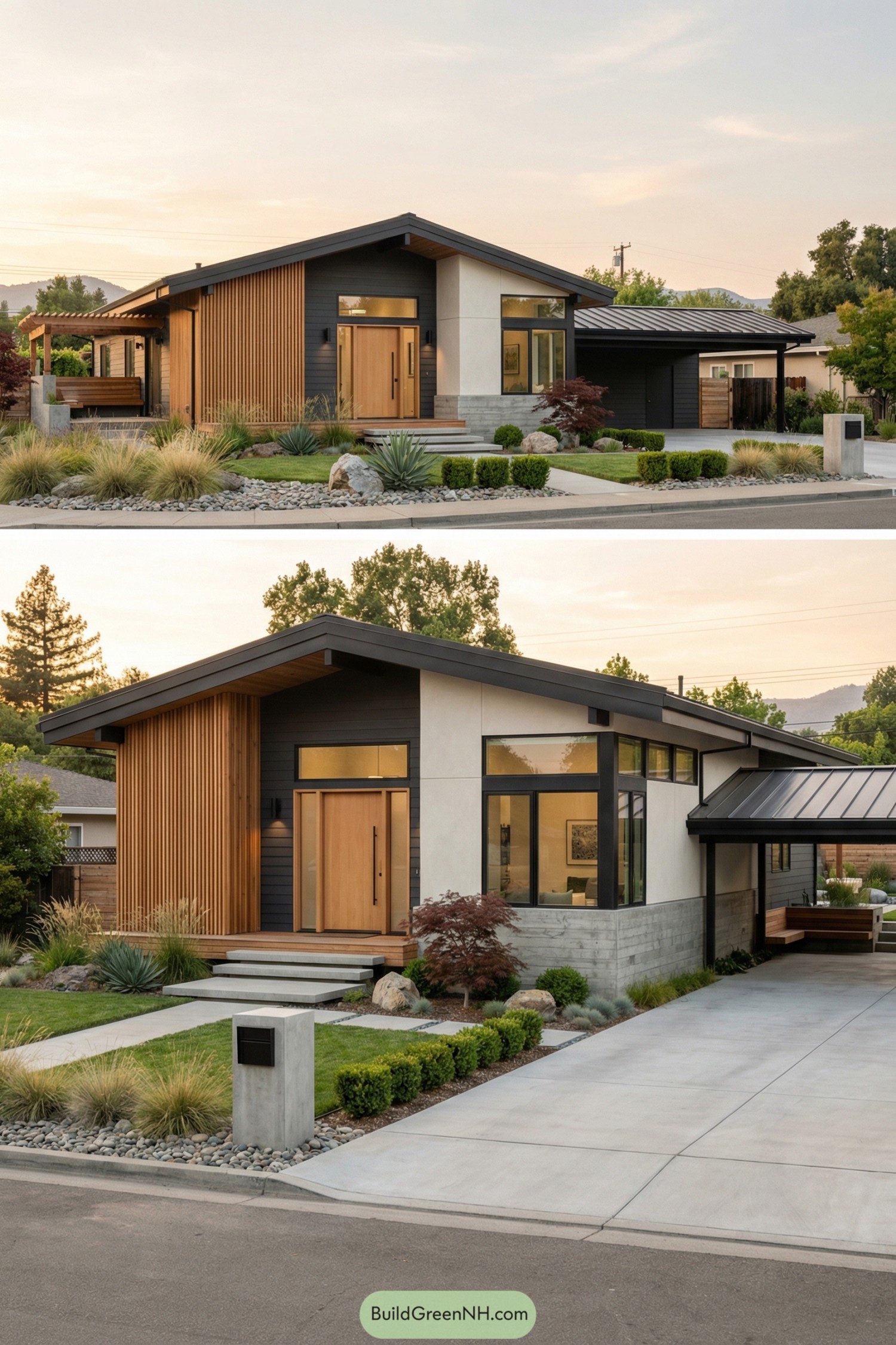 Modern ranch home with slatted wood facade large windows and minimalist landscaping