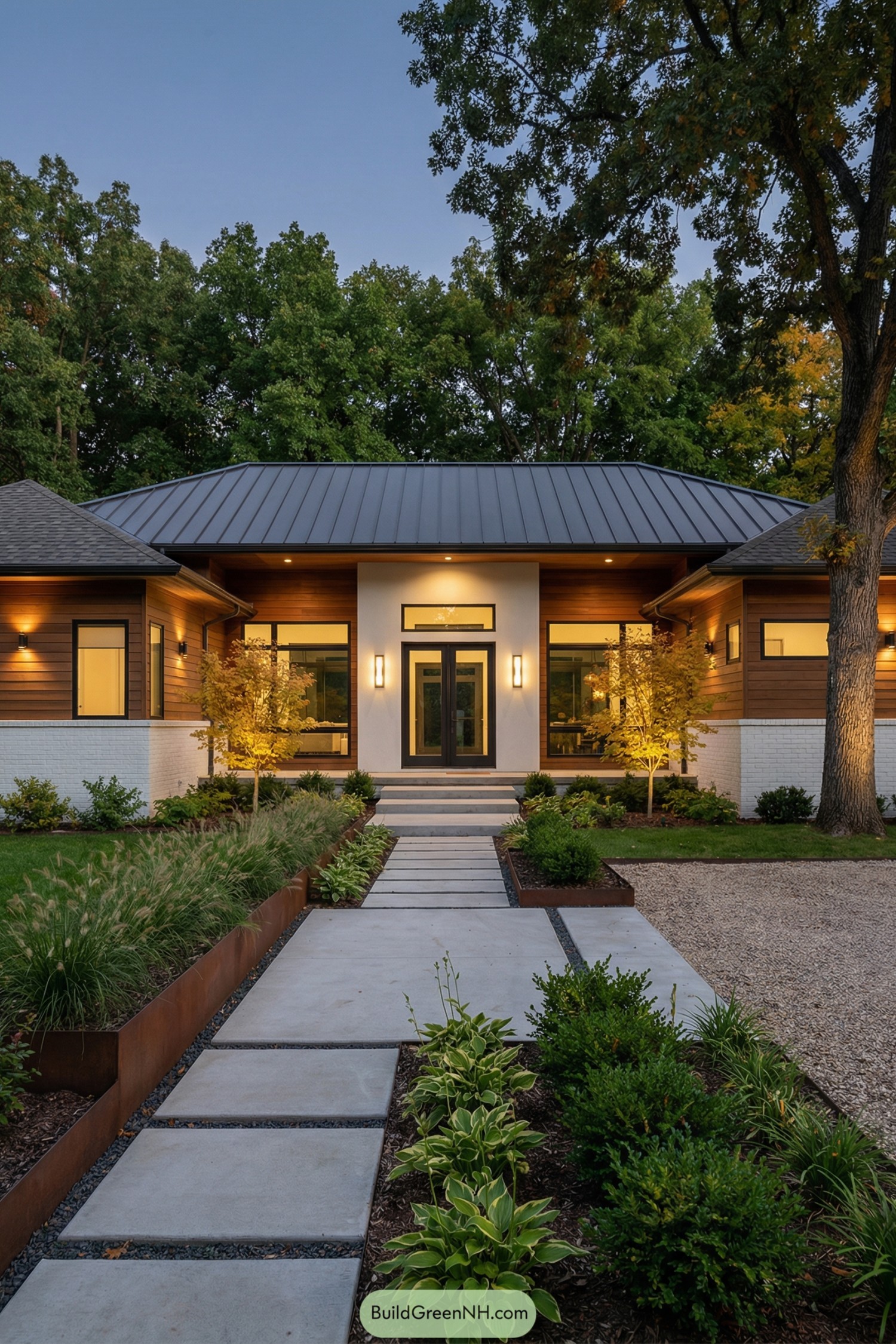 Modern ranch house with metal roof and landscaped entry path at dusk