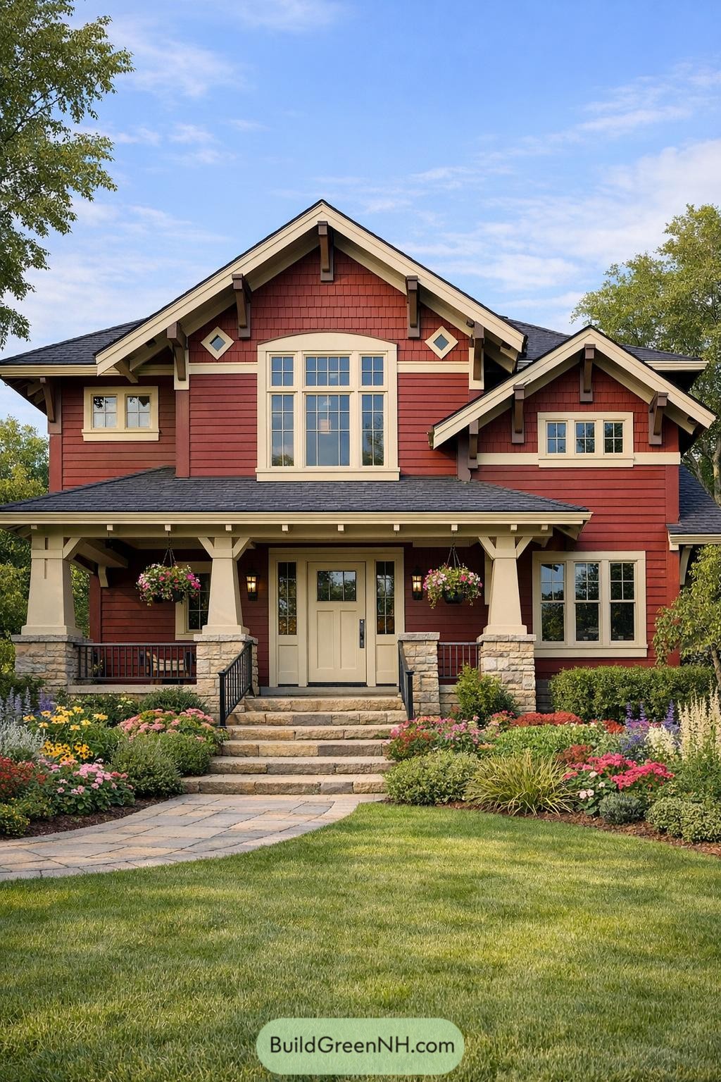 Red craftsman-style house with cream trim and stone porch surrounded by lush landscaping