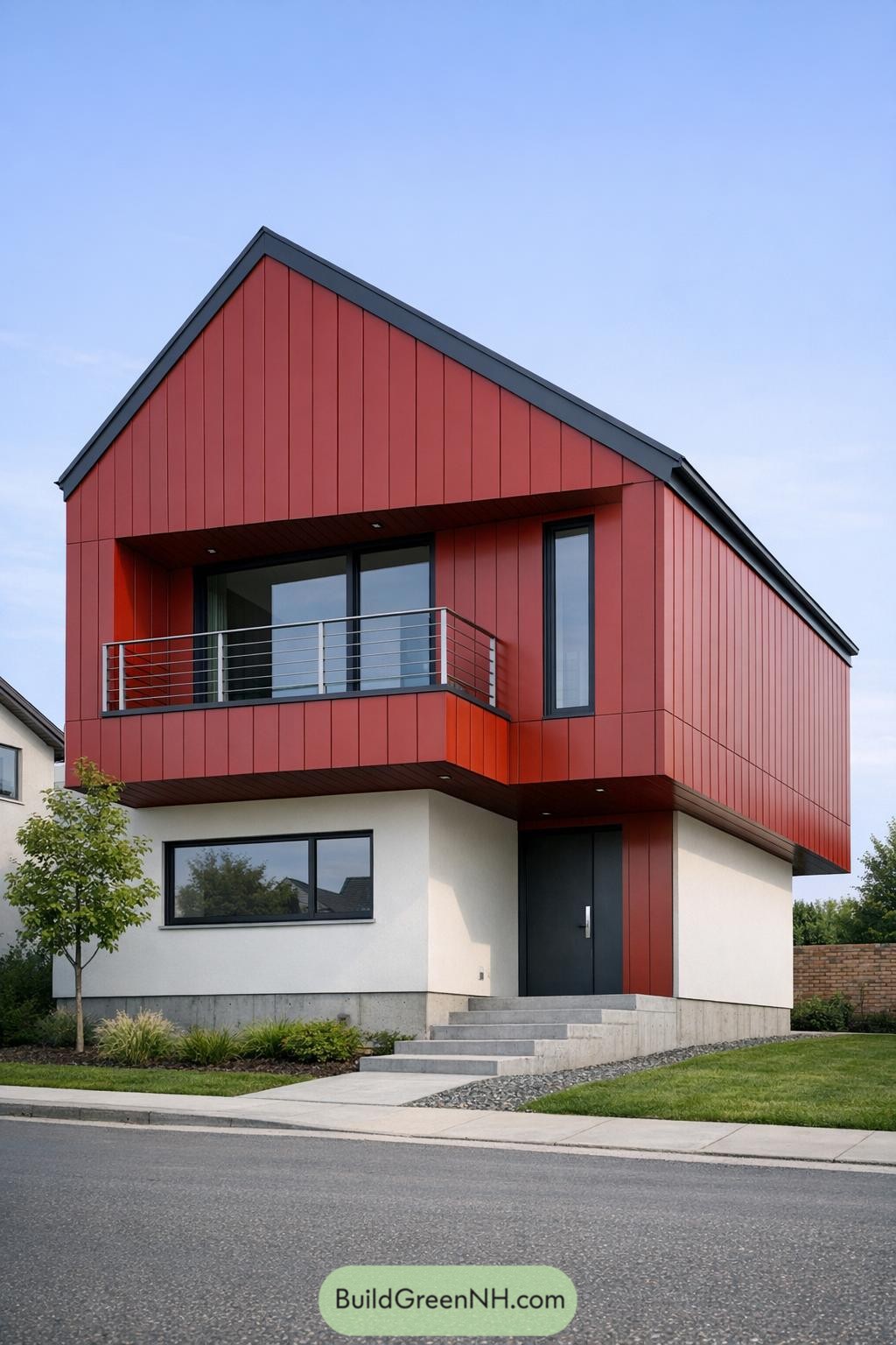 Modern red two story house with cantilevered upper level and balcony over a white base