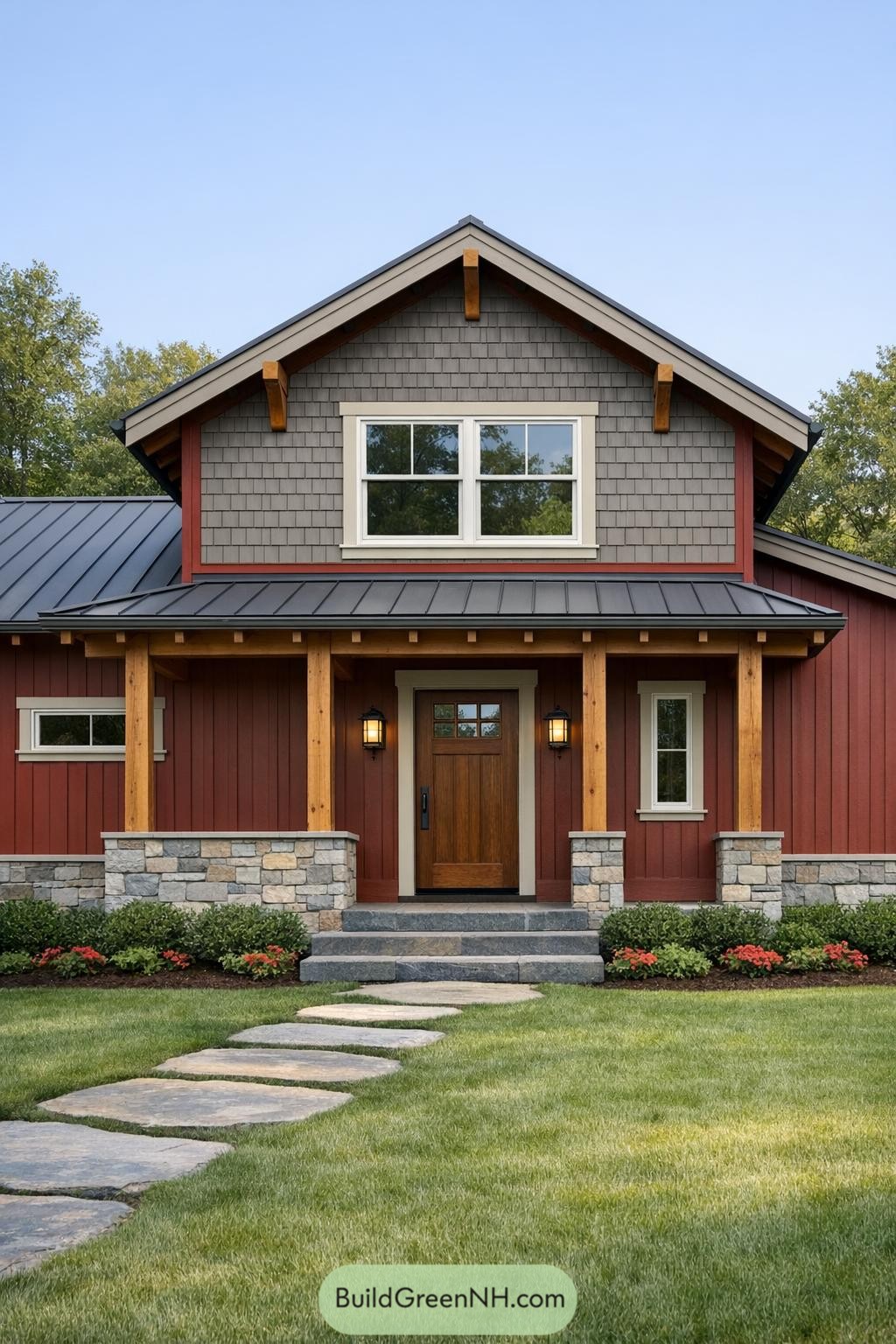 Red and gray craftsman-style house with stone base and metal roof