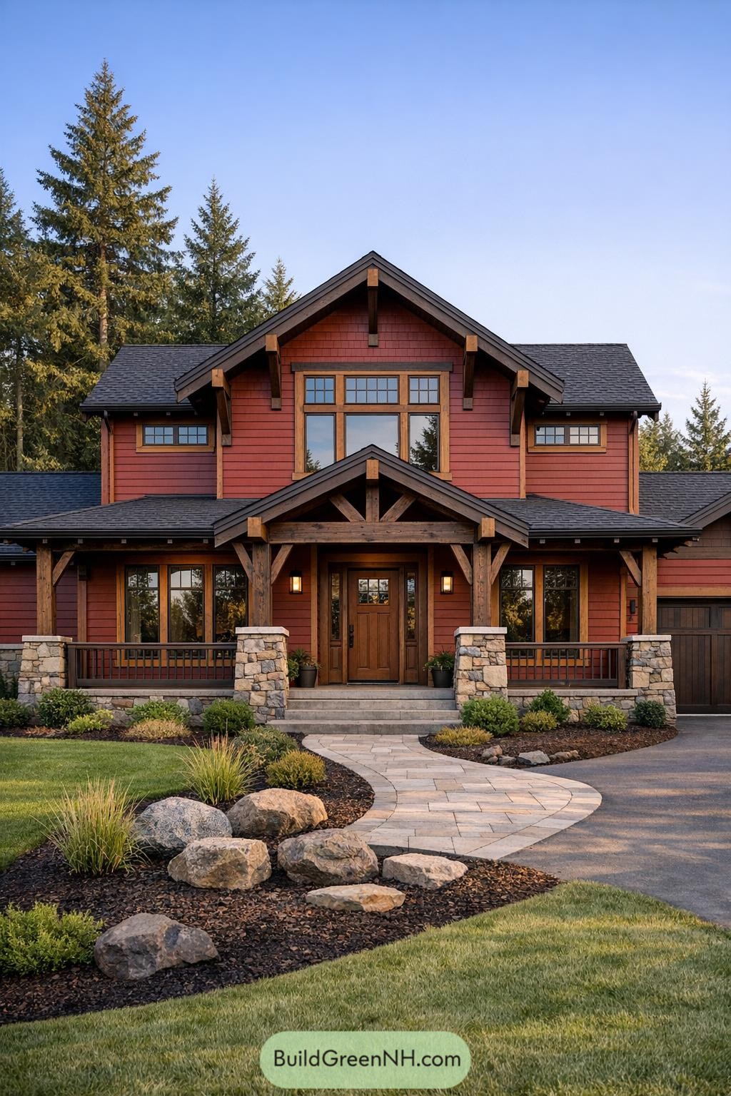 Two story red craftsman style house with timber porch and stone columns. Curved paver walkway leads through simple landscaping to a central wooden front door