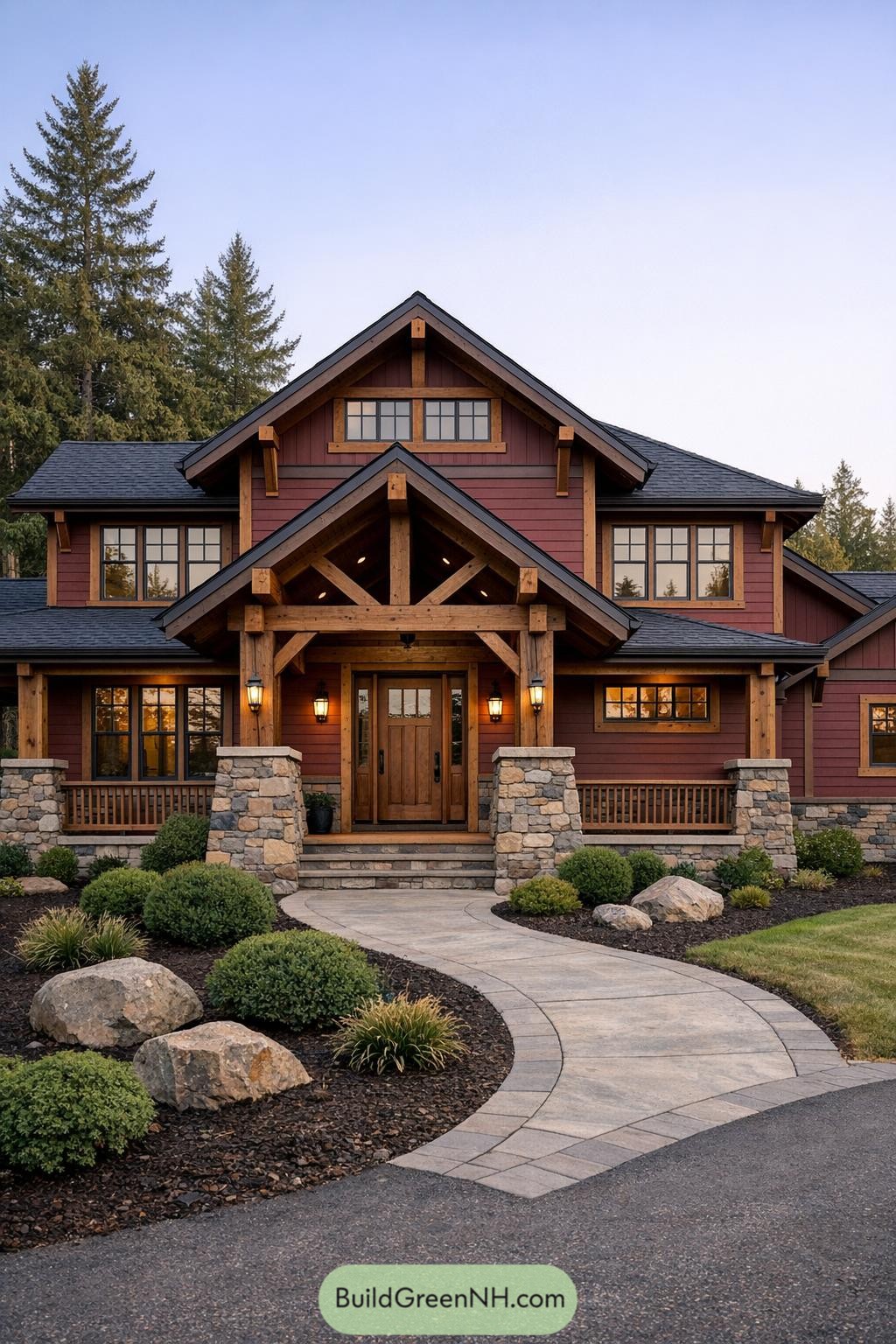 Two story red house with exposed timber framing stone columns and curved front walkway