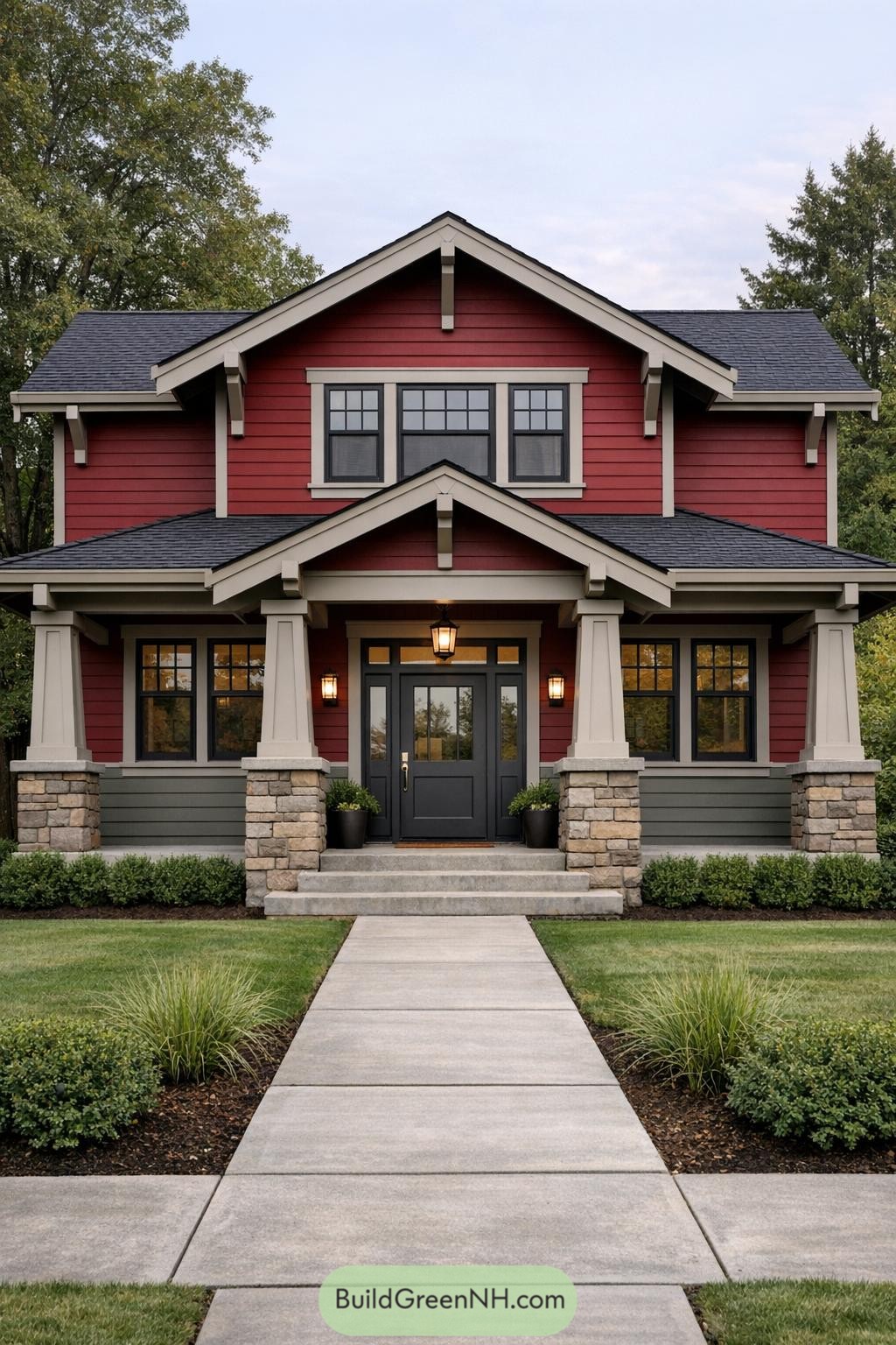 Two story red Craftsman style house with gray trim and stone porch columns. Manicured front lawn and straight concrete walkway lead to a dark front door