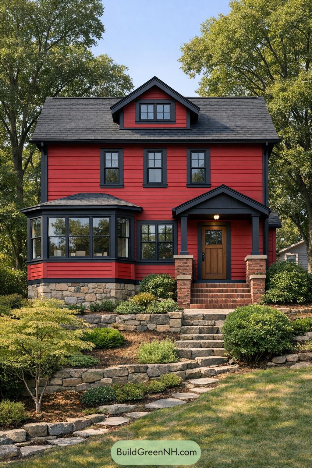 high-res photo of Red house exterior, facade, materials, colors, windows style, roof style, door style, outdoor area, landscaping, surrounding background. Two-story gable-front house with compact rectangular massing and small attic dormer, early-20th-century American style. Facade clad in horizontal lap siding painted vivid saturated red, contrasted with black trim and black corner boards; exposed stone foundation with irregular tan and gray blocks. Steep front gable roof with dark charcoal asphalt shingles, narrow black eaves, simple rake boards; small centered shed dormer near ridge. Symmetrical upper facade with three vertically aligned, narrow double-hung windows; larger multi-pane double-hung windows on the main floor, all with black frames, mullions, and sills. Left side of facade features a projecting glass bay with three clear panes and thin metal framing. Main entry slightly right of center, reached by short brick steps and low brick cheek walls; wooden door in warm medium-brown tone with upper glass pane, surrounded by black casing. Small porch with brick base, simple black square columns, and a shallow gabled pediment roof with black soffit and fascia; single warm-toned bulb under the porch roof. Front yard on a noticeable slope, with terraced stone or block edging, patches of soil, low groundcover, and mixed shrubs; young Japanese maple with delicate foliage in the left foreground, dense green shrubbery near the steps, and rough natural planting toward the sides. Background filled with tall mature trees with lush green canopies, partially shading the house; hints of neighboring structures barely visible through foliage. Bright clear daylight with crisp shadows, blue sky filtered through leaves, overall picturesque wooded suburban setting. real-life photo, high-resolution, architectural photography, soft lighting, cinematic composition.