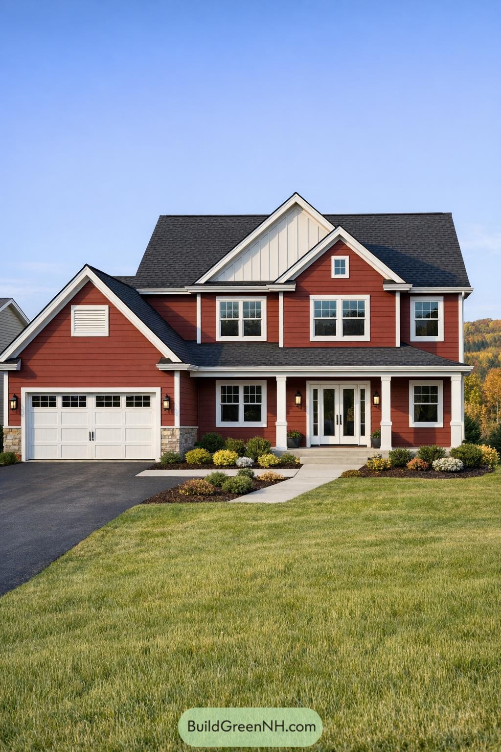 Red two story farmhouse style home with white trim and attached garage