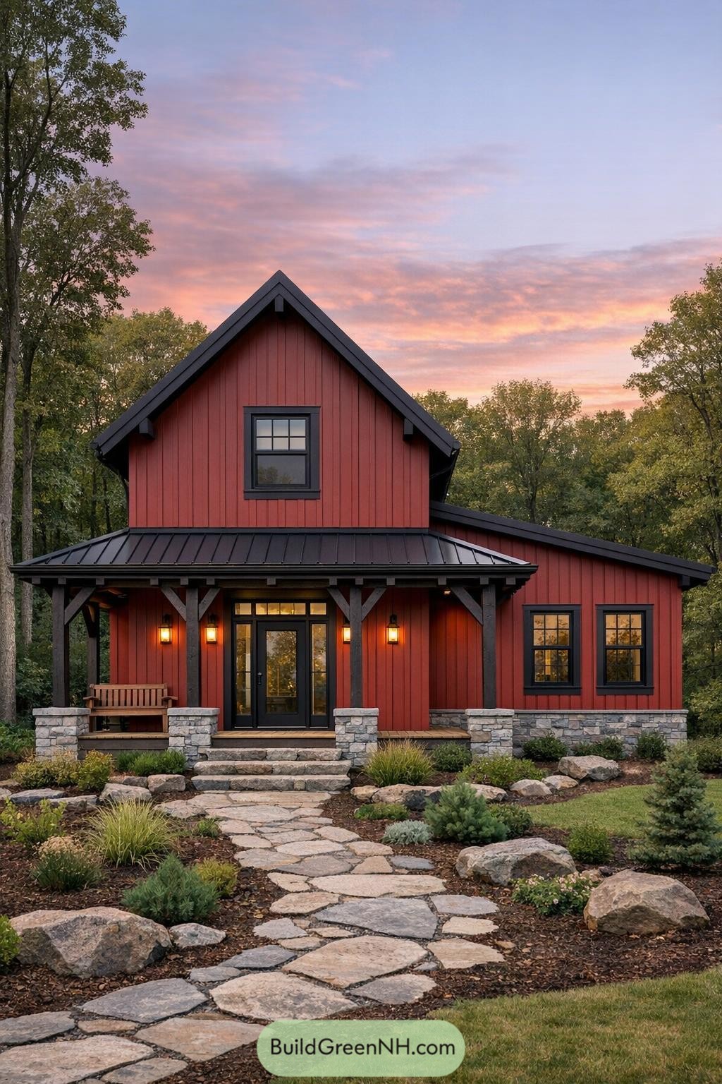 Red board and batten farmhouse with black metal roof, stone porch base, and winding flagstone path through landscaped yard