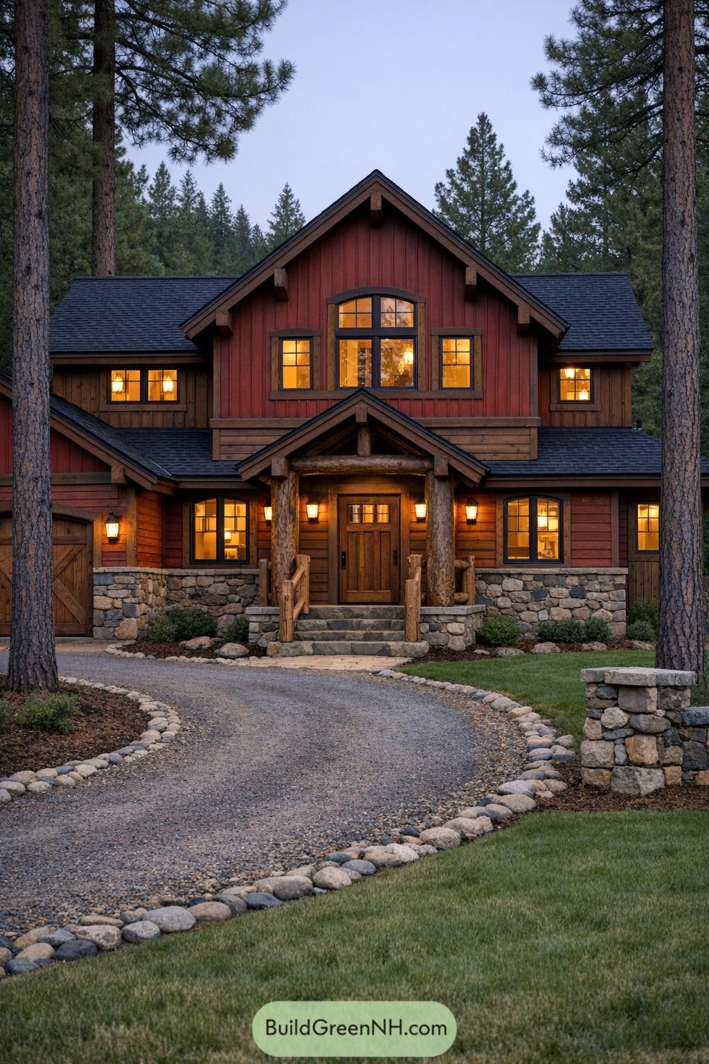 Rustic red lodge-style home with stone base, timber porch, and warm glowing windows