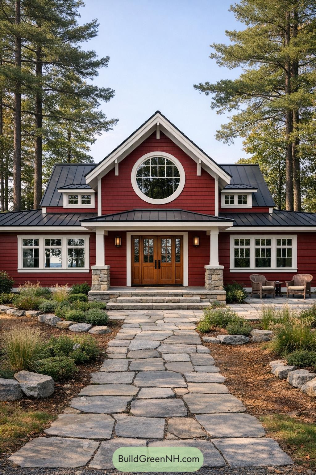 Red cottage style home with circular gable window metal roof and stone walkway