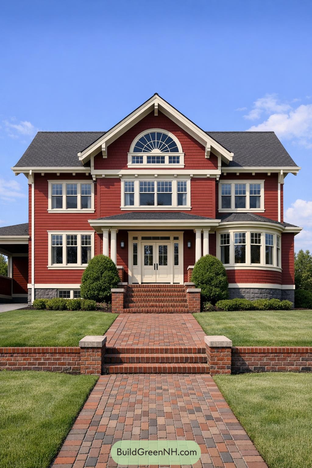 Red two story house with cream trim and brick walkway