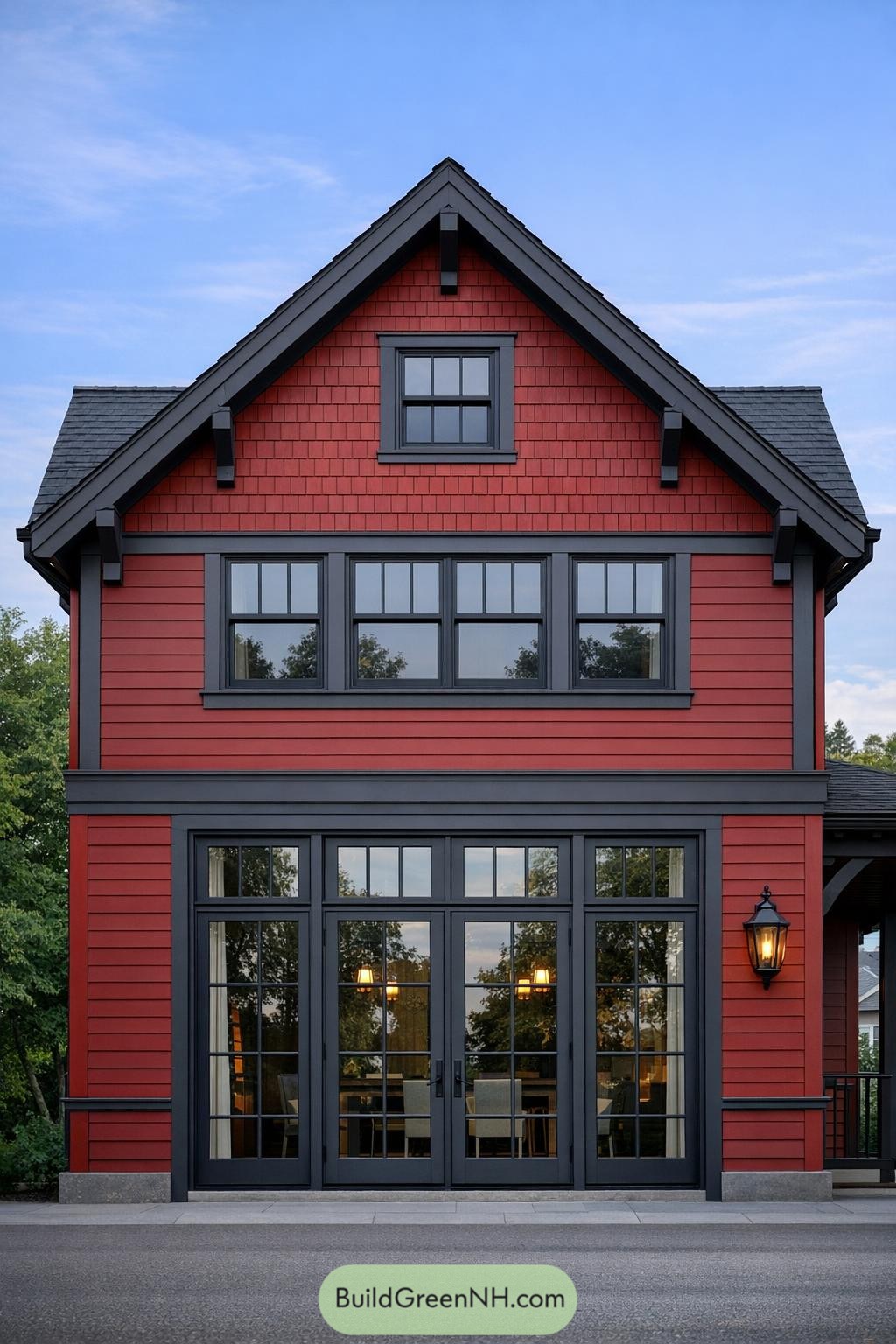 Two-story red house with black trim and large grid windows