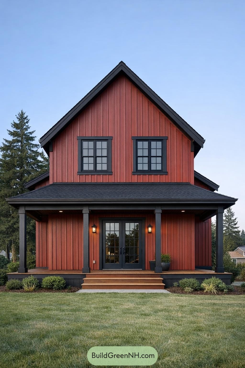 Red vertical-sided farmhouse with black trim and front porch