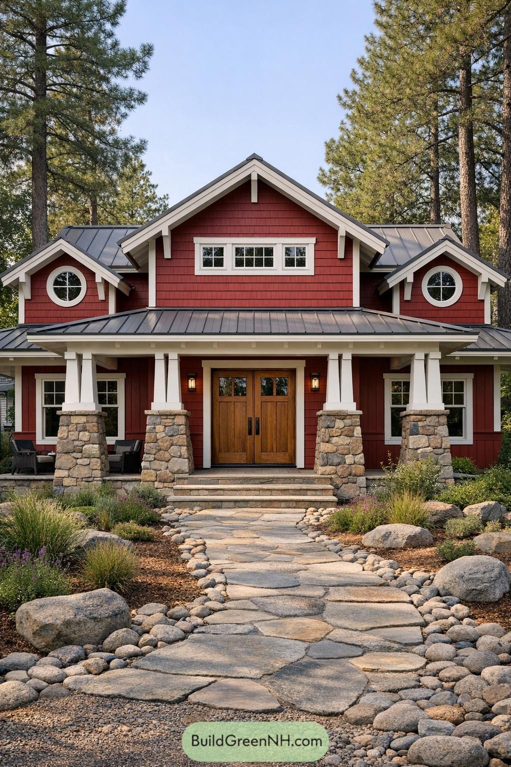 Red craftsman-style house with stone-columned porch and winding flagstone path