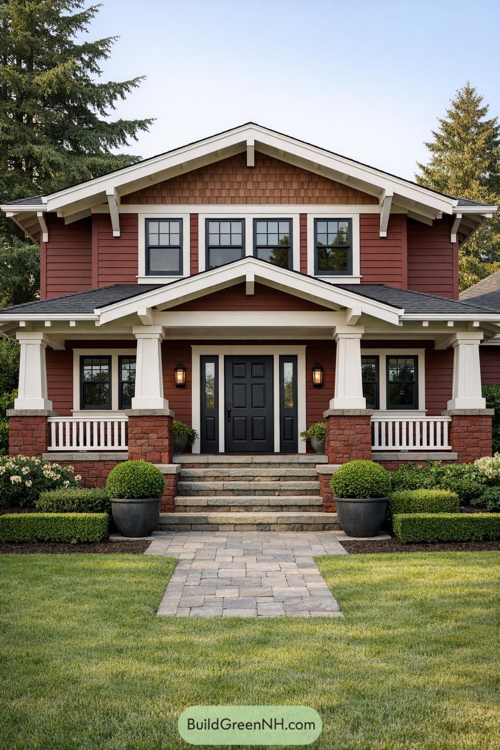 Red two story Craftsman home with deep porch and manicured front yard