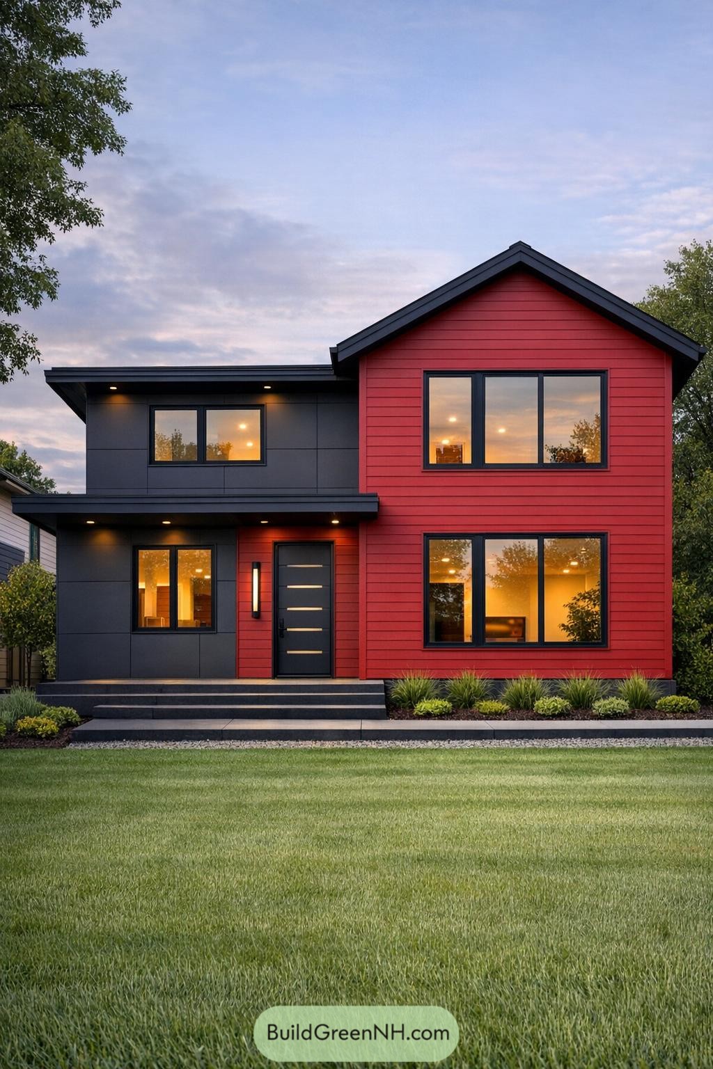 Modern red and black two-story house at dusk