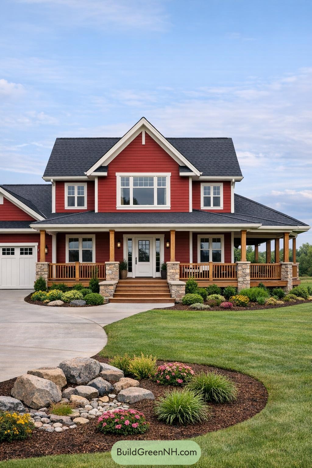 Two-story red farmhouse with wraparound porch and stone-column details