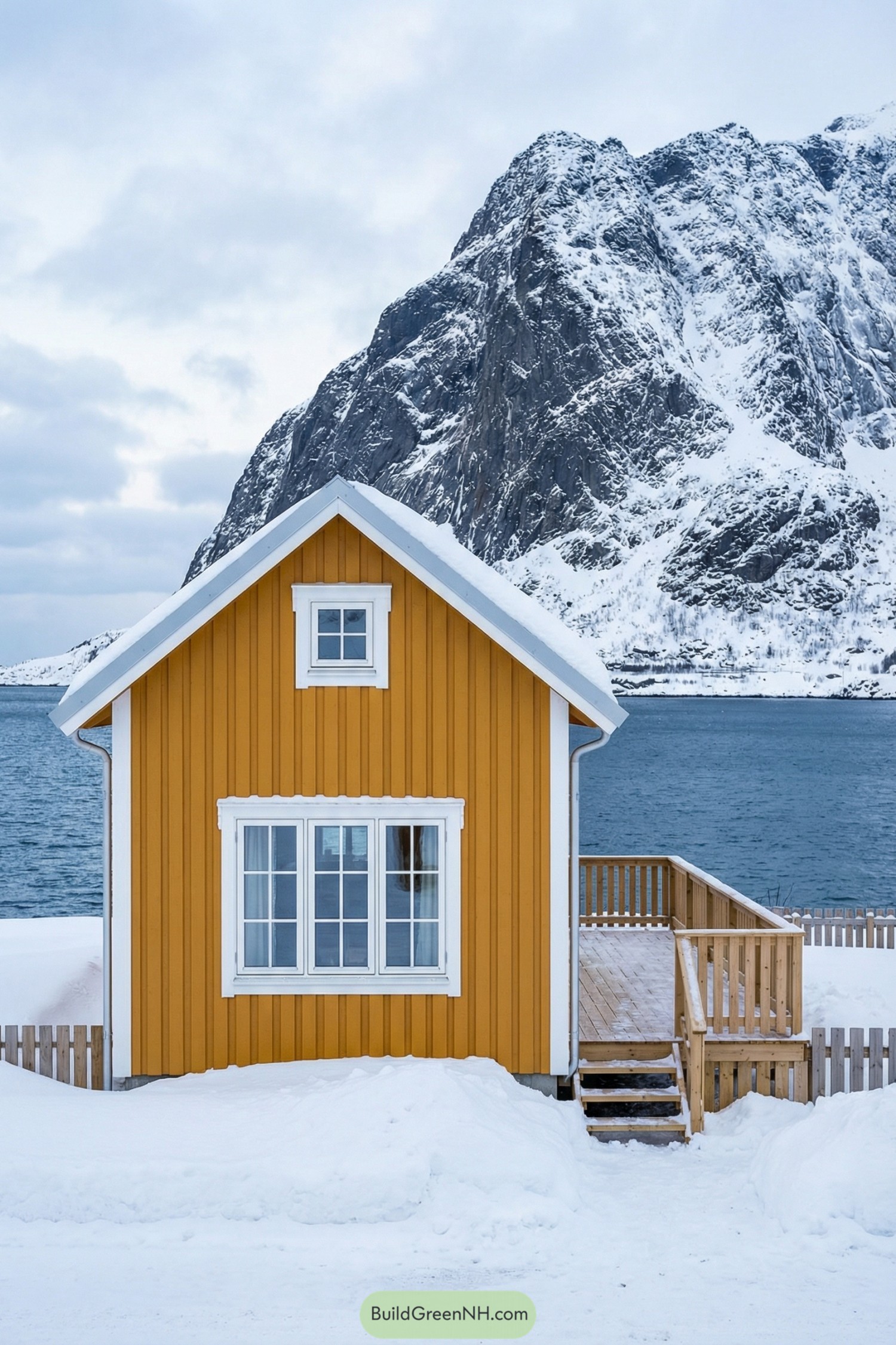 Small yellow cabin in snowy landscape beside icy water and steep mountain