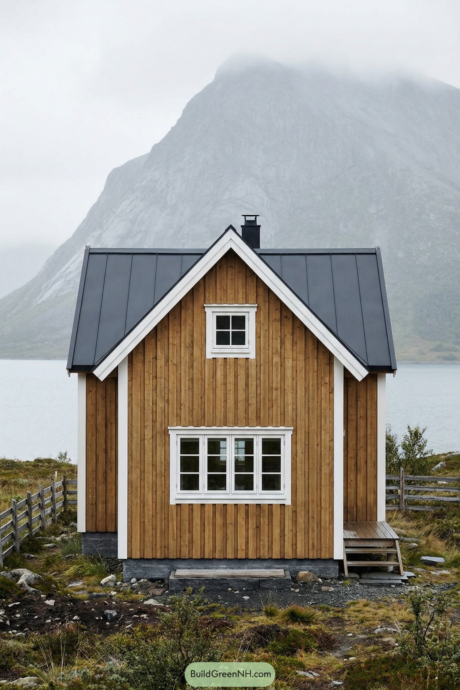 Compact wooden cabin with dark metal roof standing before a misty mountain and lake