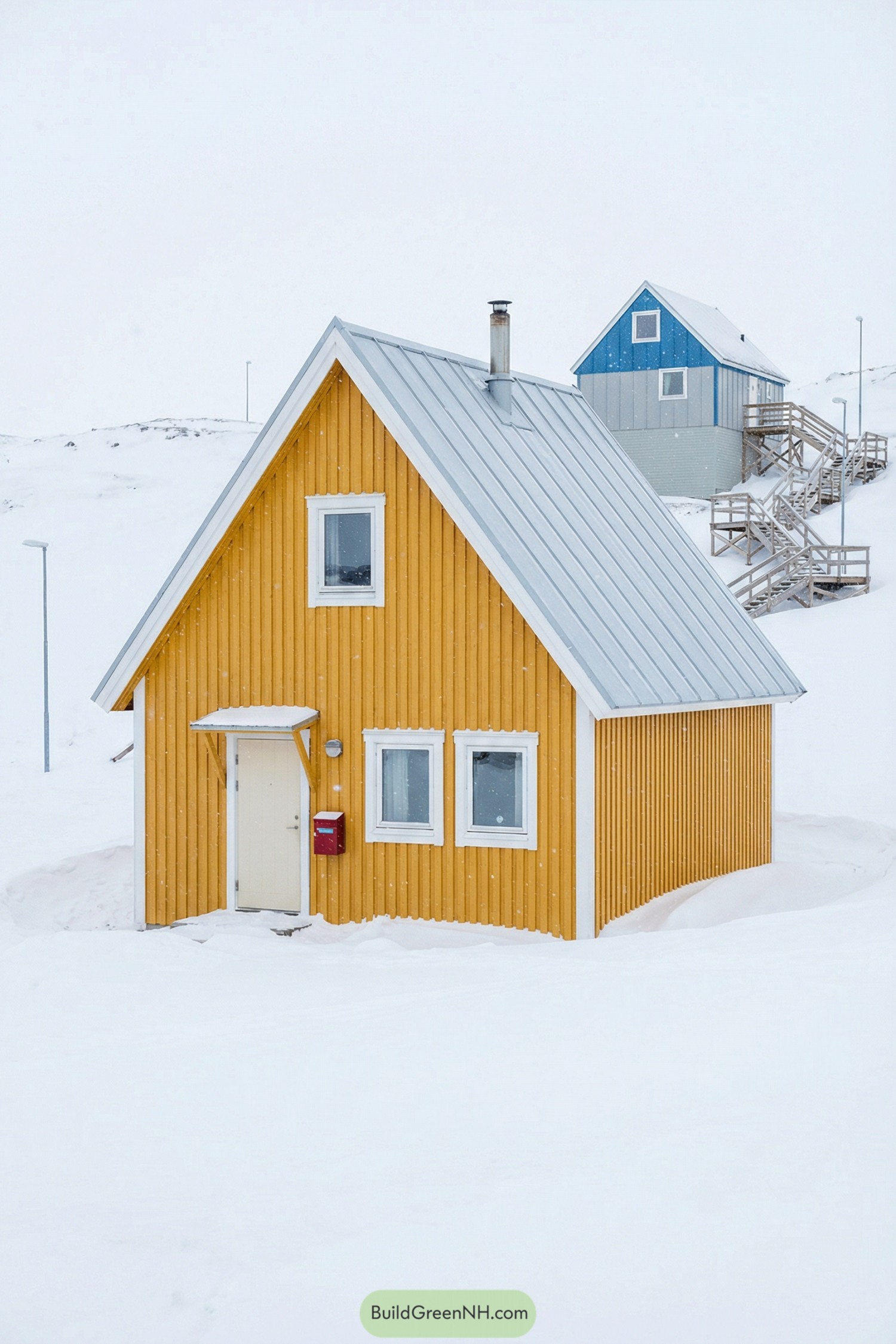 Bright yellow cabin with steep metal roof in snowy landscape