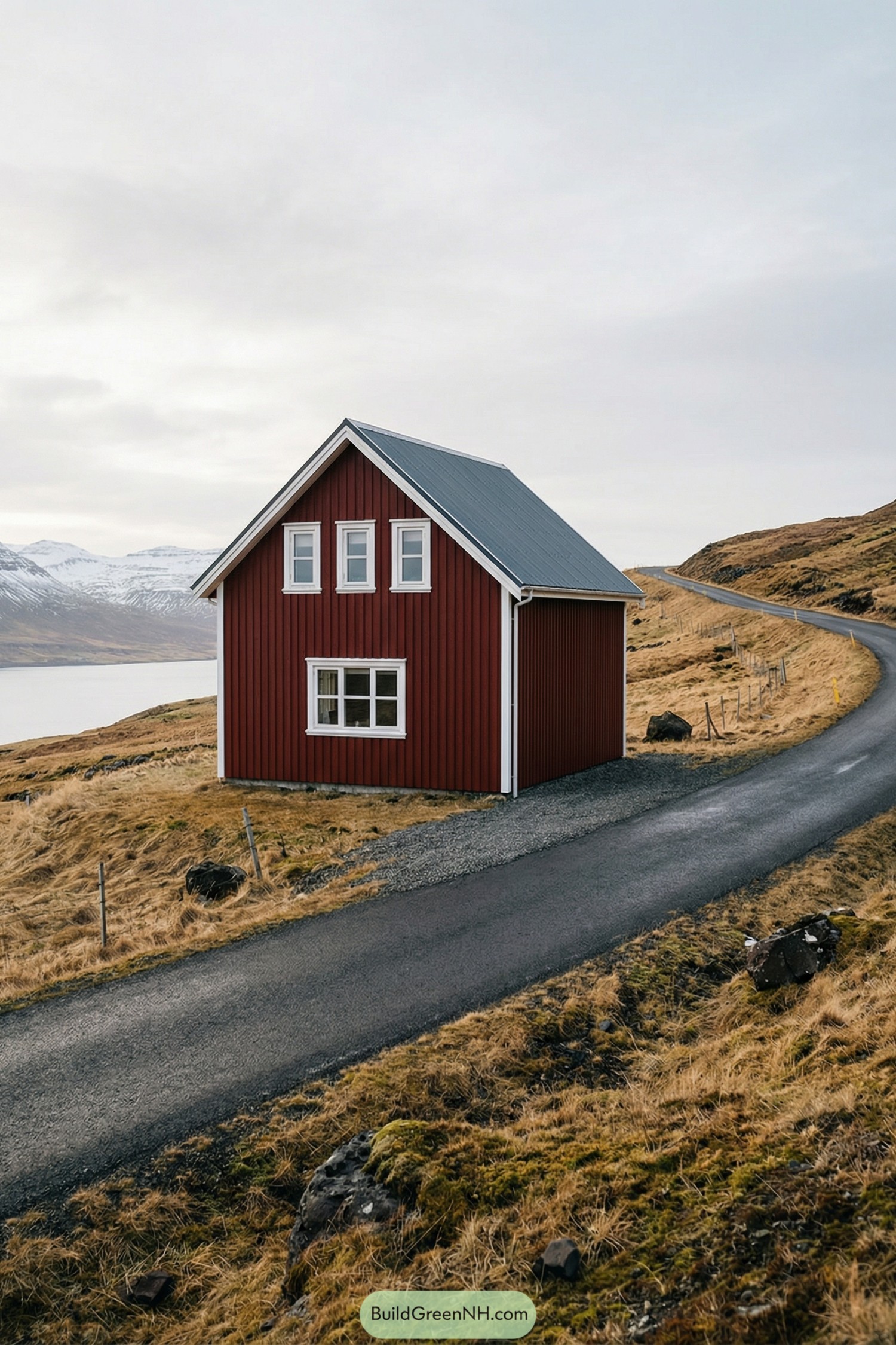 Red wooden cabin beside a curving rural road in a rugged coastal landscape