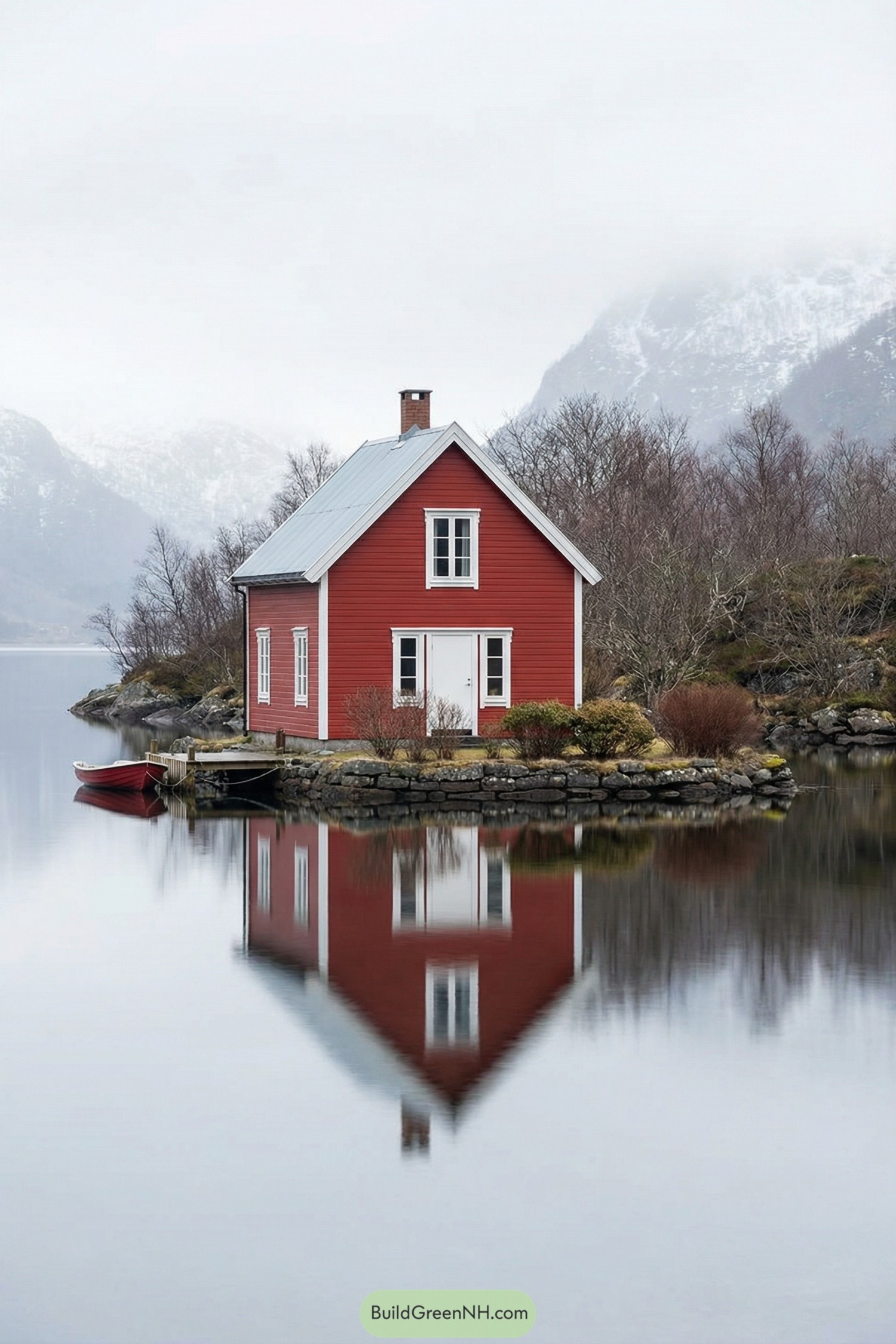 Red lakeside cabin reflected in still water