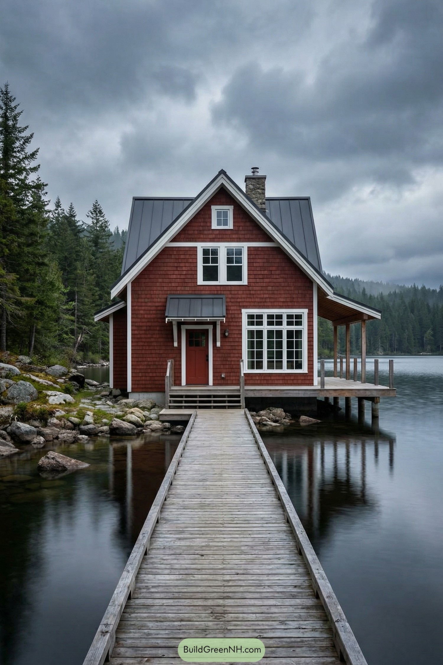 high-res photo of remote cabin, compact two-story gable-front facade in simple vernacular style centered at end of a long narrow wooden pier, deep red shingle-clad exterior walls with white trim accents and dark grey details, rectangular house volume with steep symmetrical roof and small rear bump-out over the water, timber frame construction with wood siding and shingle cladding on a pier-supported deck above the lake, dark charcoal metal or shingle gable roof with single chimney and minimal overhangs, white-framed rectangular windows with multiple panes including a large grid window on the right and a smaller paired window under the gable plus a small attic window, central entrance with red door and white frame under a small dark shed canopy and simple white railings on short stairs, wooden pier leading straight from foreground to the door with weathered planks and low side rails opening to a wraparound waterside deck on the right supported by slender posts, rocky shoreline with scattered boulders and sparse moss at the cabin’s left side, dense conifer trees rising behind the cabin and fading forested shoreline in the distant background, still dark lake water reflecting the cabin and moody overcast sky with low dramatic clouds creating a remote, tranquil, and picture-perfect lakeside setting, real-life photo, high-resolution, architectural photography, soft lighting, cinematic composition.