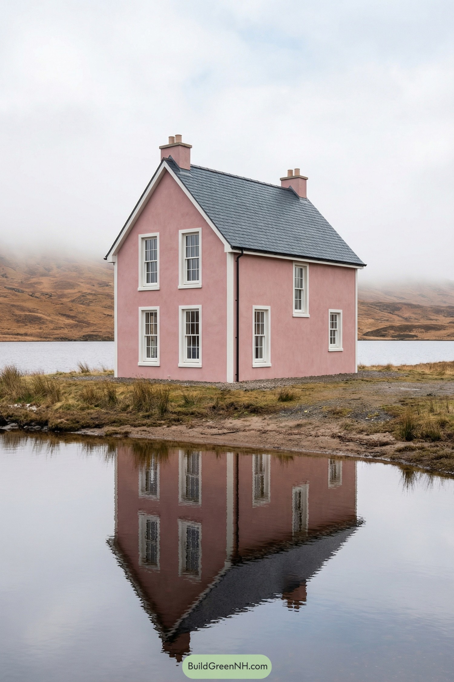 Pink two-story cottage beside a still lakeshore