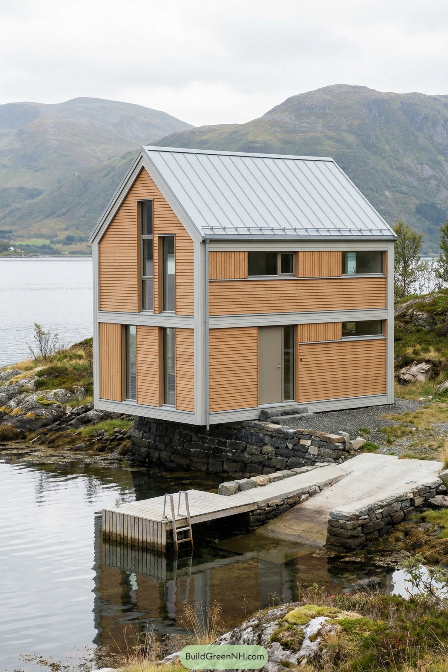 Wood clad modern cabin on stone pier over calm water with metal gable roof and narrow dock