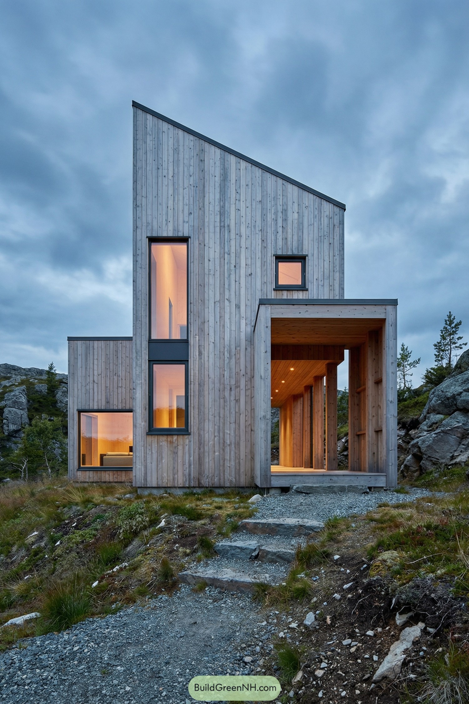 Tall narrow cabin clad in pale vertical timber with warm interior glow, set on a rocky hillside under cloudy skies