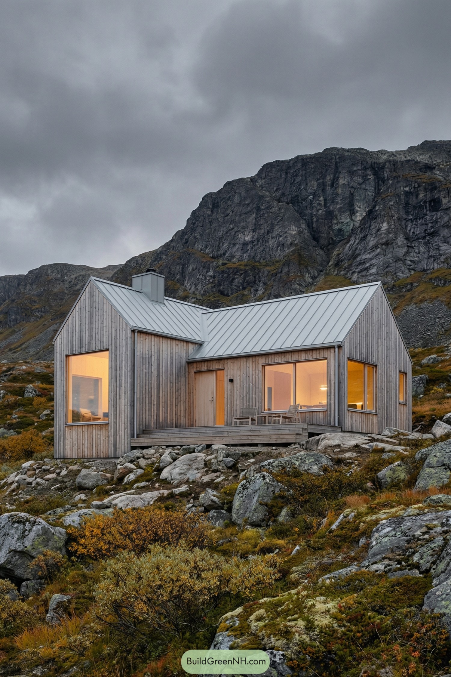 Wood cabin with large windows and metal roof on a rocky mountain slope