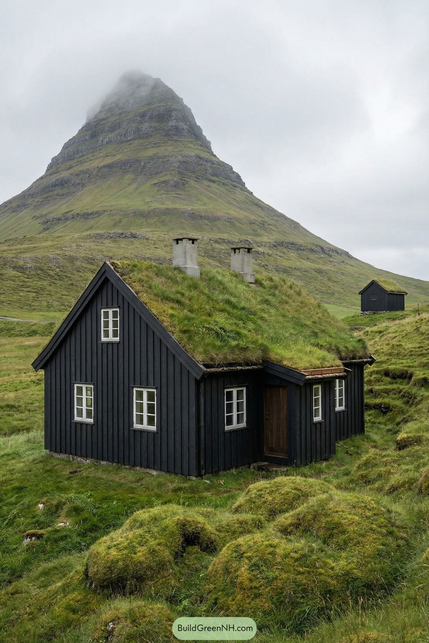 Dark timber cabin with sod roof nestled in green mountain valley
