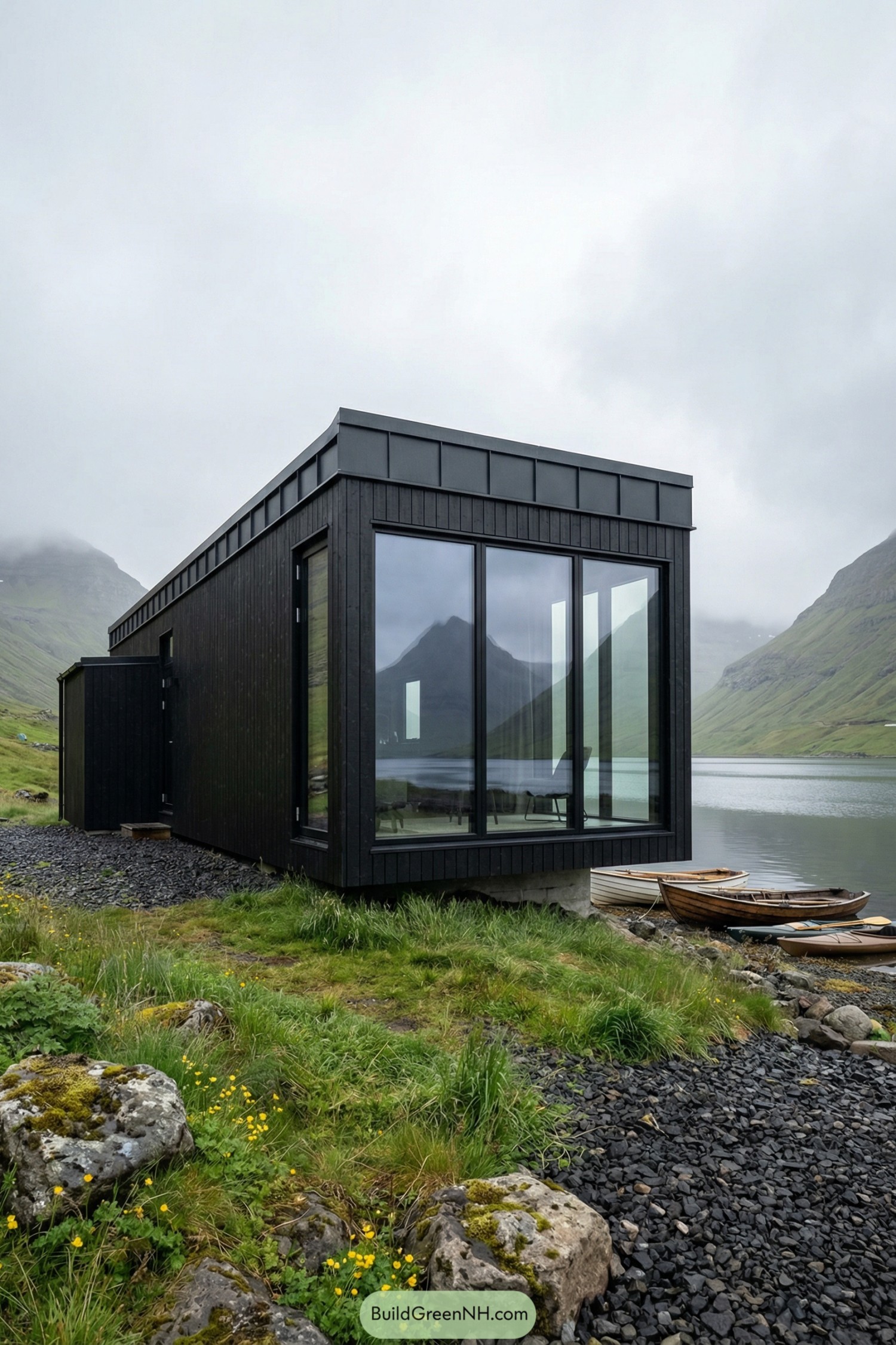 Modern black cabin with large glass corner overlooking a misty fjord and mountains