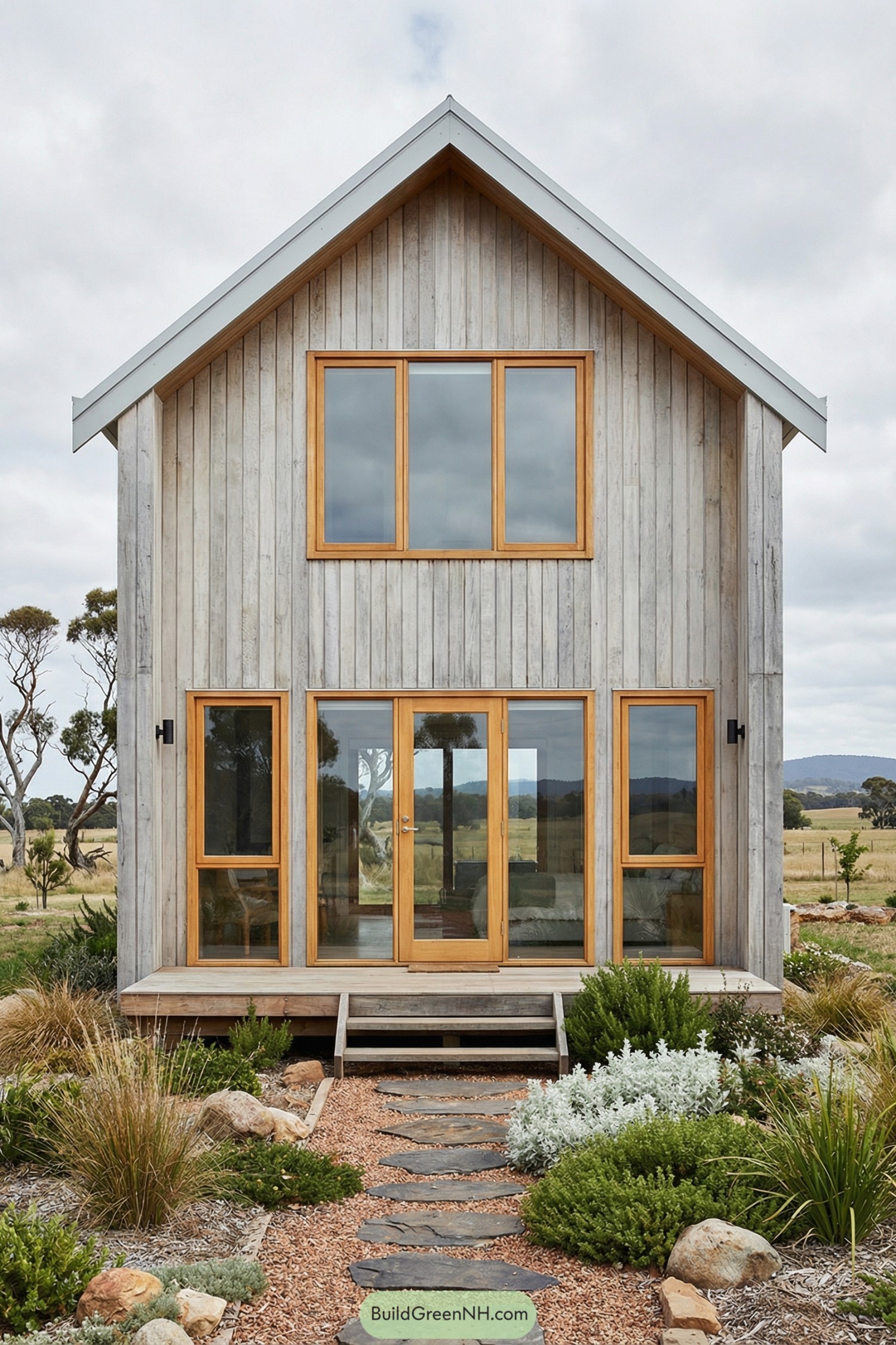 Tall narrow cabin with silvery vertical siding, warm wood-framed windows, and a stone path leading through native plantings to a small front deck